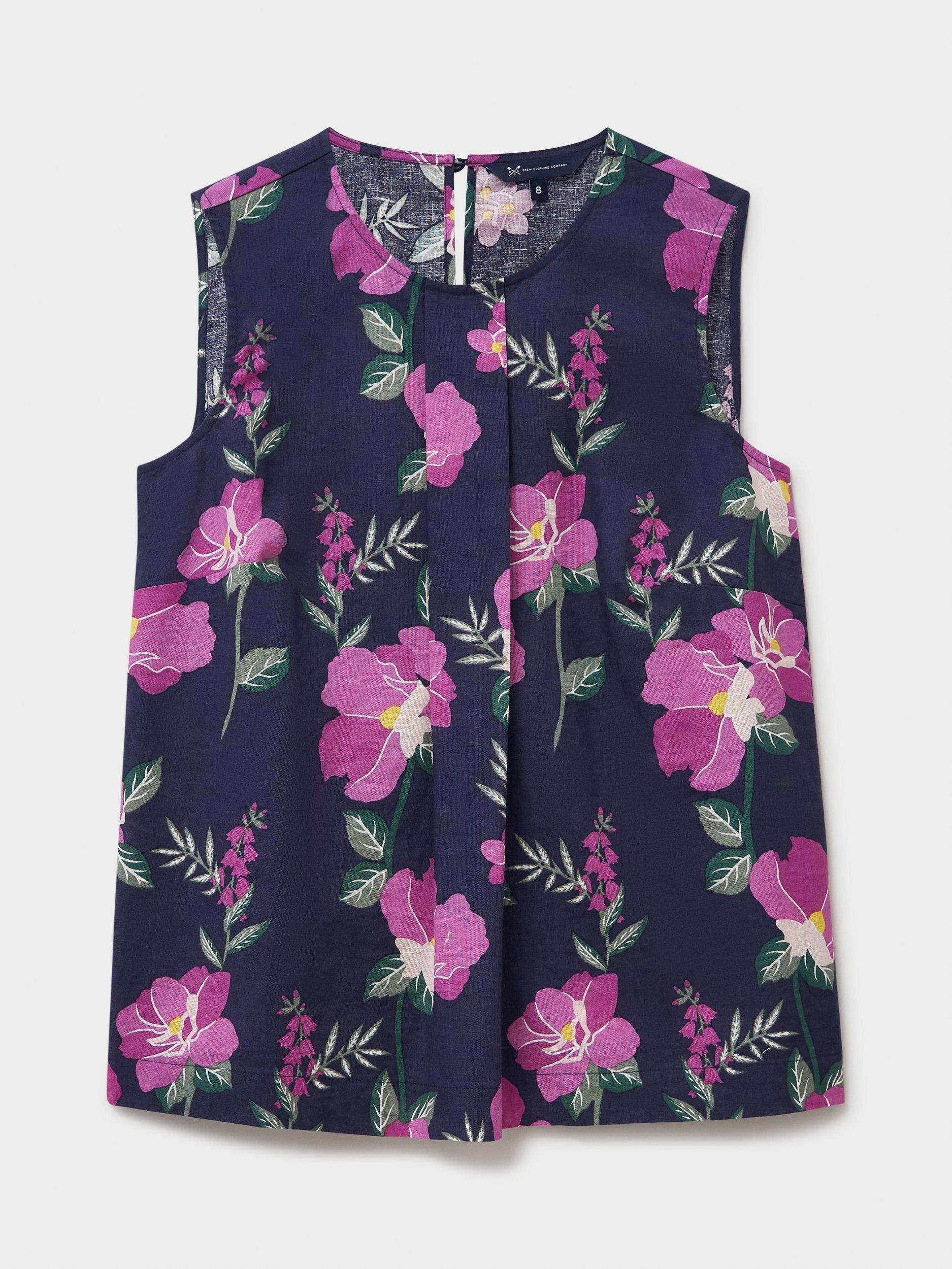Product image 5 of 5, which shows Crew Clothing Estelle Floral Sleeveless Cotton Blouse, Multi Blue, 8