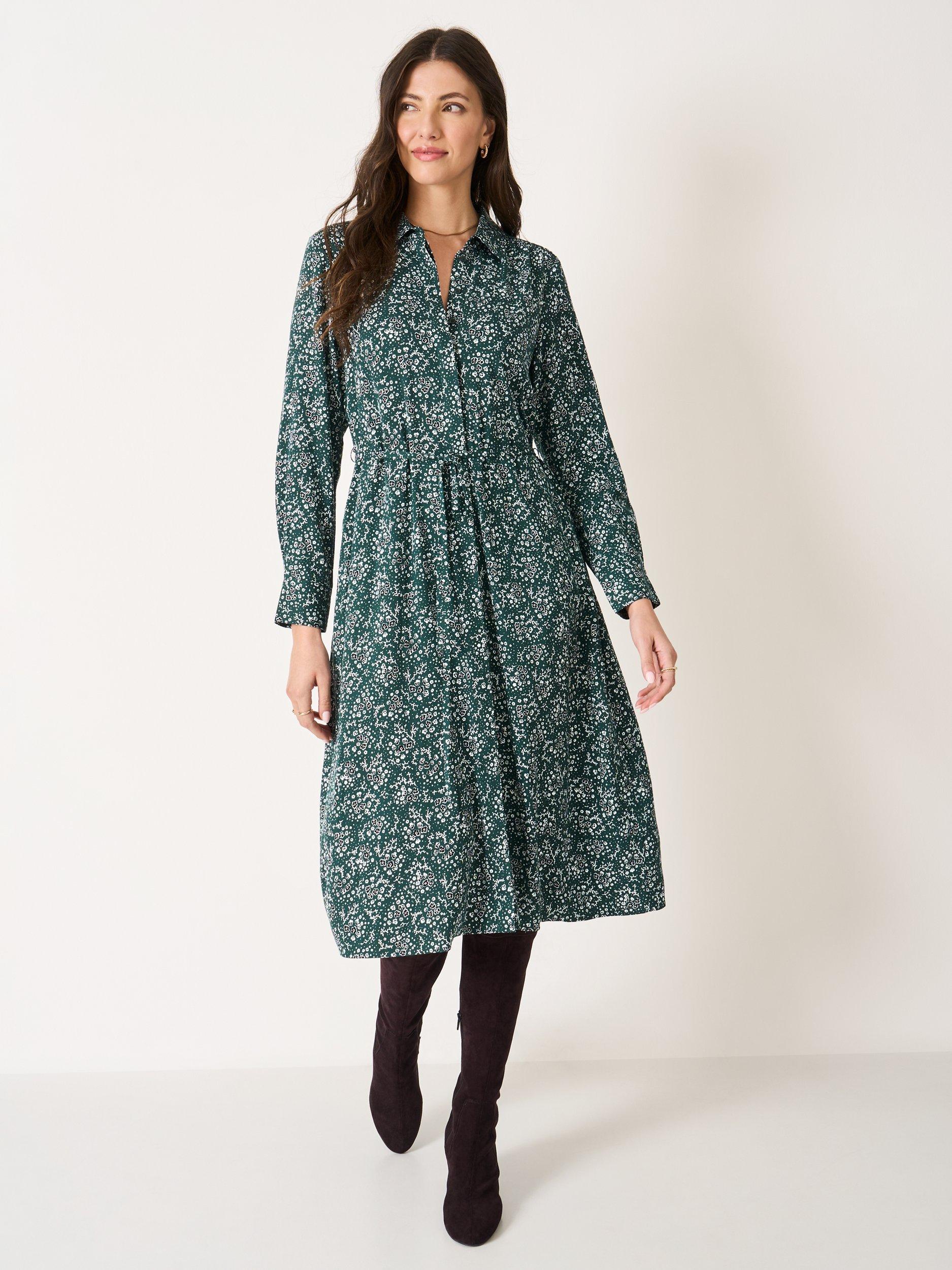 Crew Clothing Victoria Ditsy Floral Shirt Dress, Dark Green