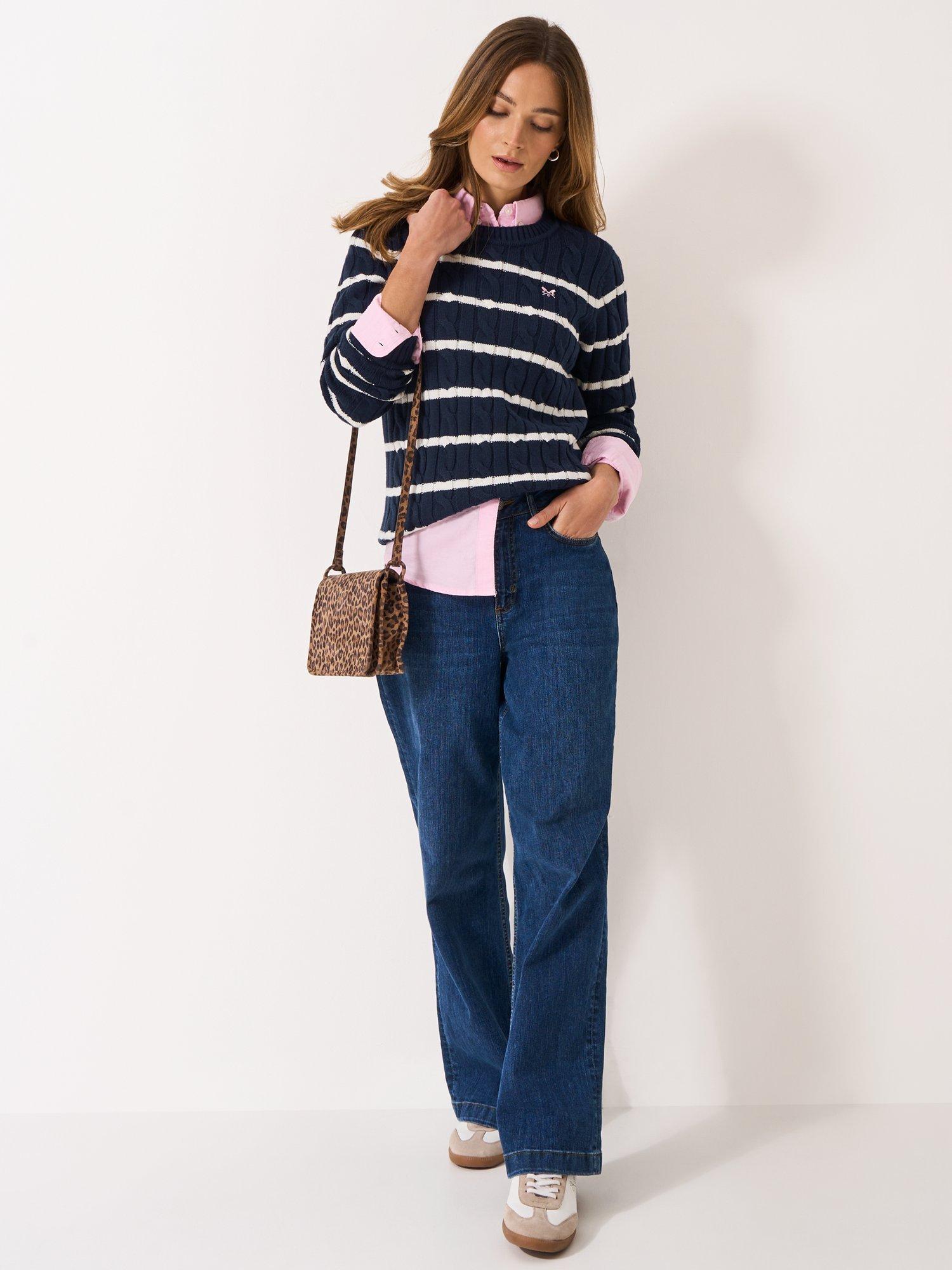 Product image 3 of 5, which shows Crew Clothing Stripe Cable Knit Jumper, Navy Blue, 10