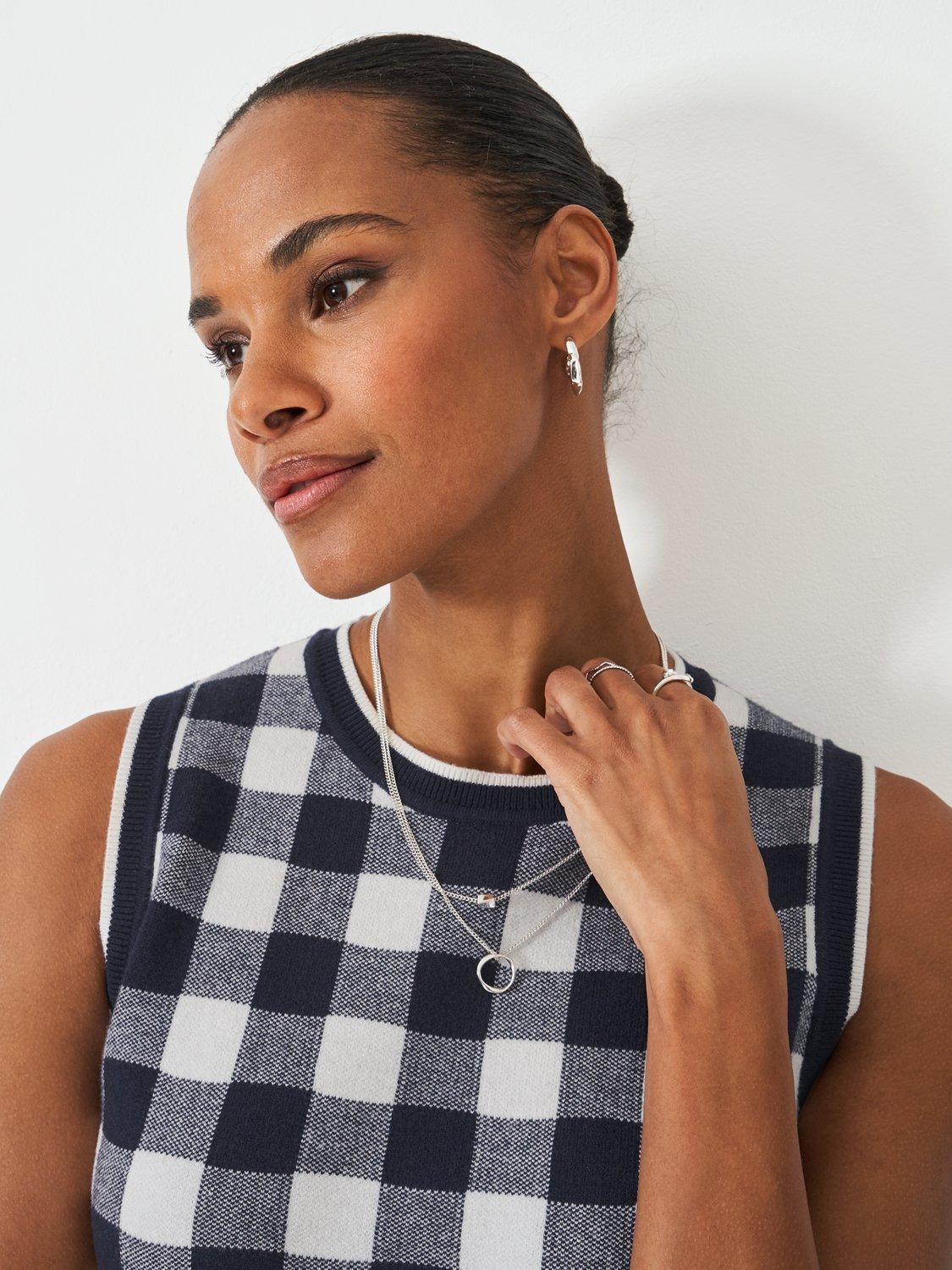Product image 4 of 5, which shows Crew Clothing Check Knit Sleeveless Jumper, Navy/White, 10