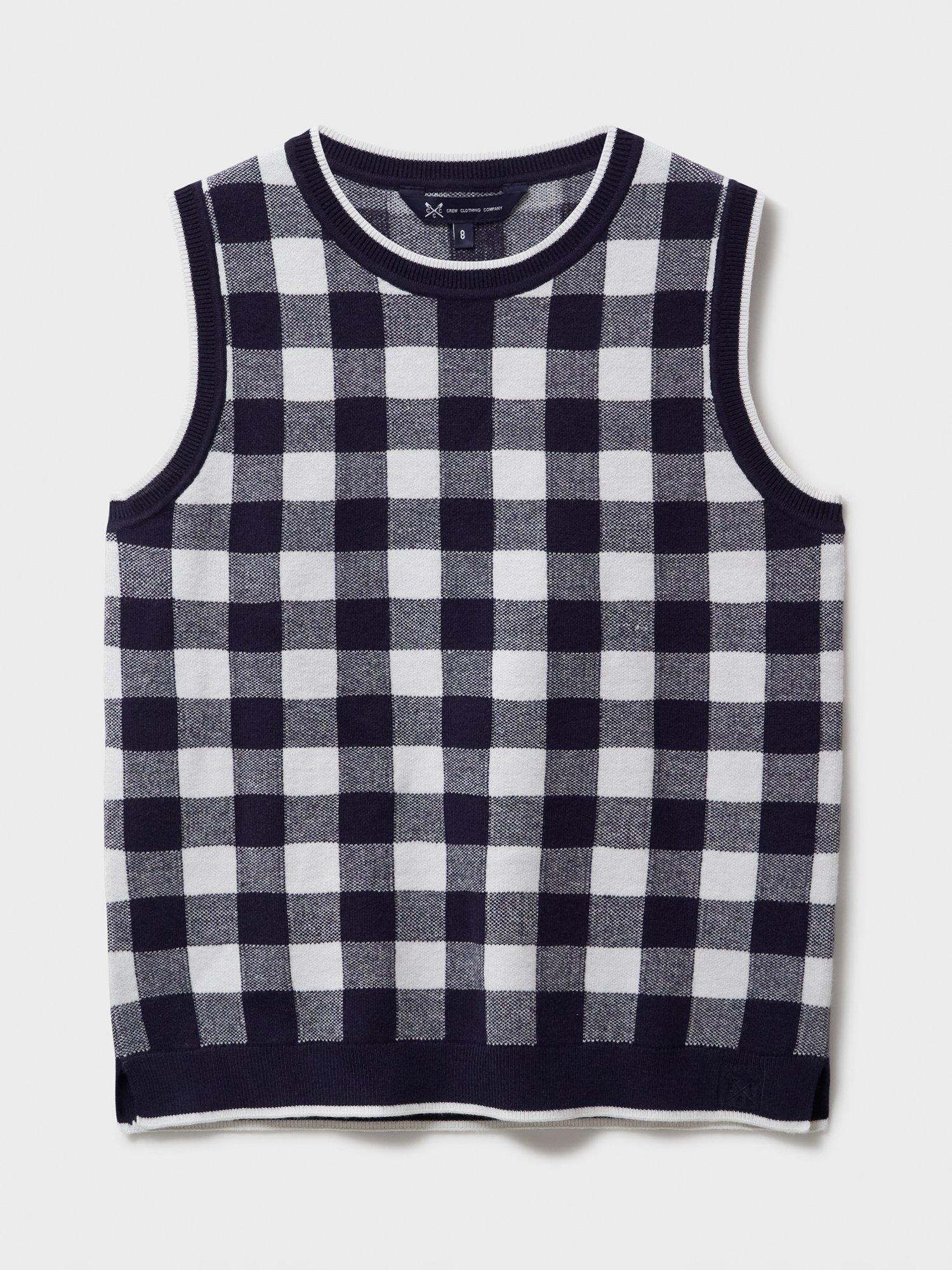 Product image 5 of 5, which shows Crew Clothing Check Knit Sleeveless Jumper, Navy/White, 10
