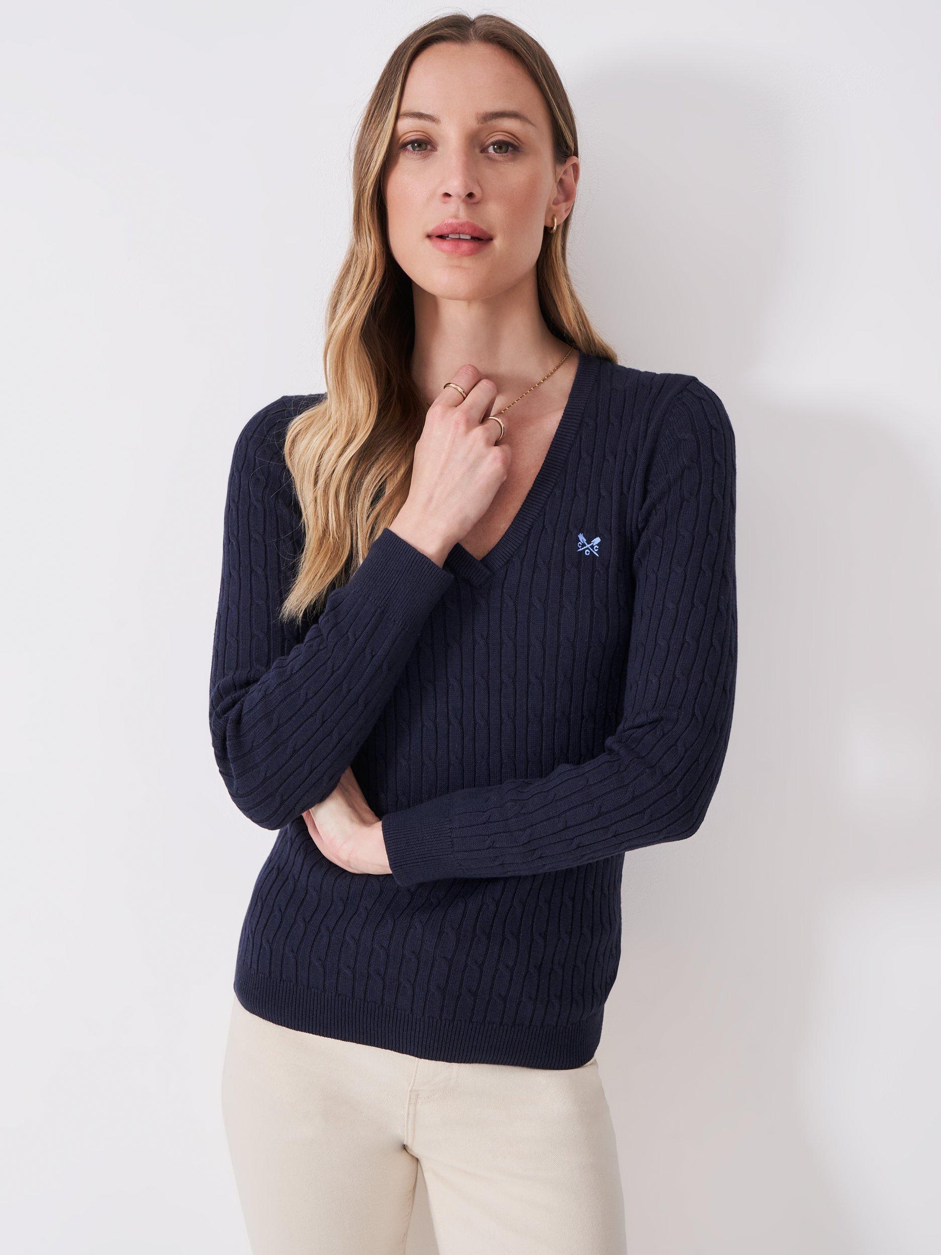 Product image 1 of 5, which shows Crew Clothing Cable Knit V-Neck Jumper, Navy, 10