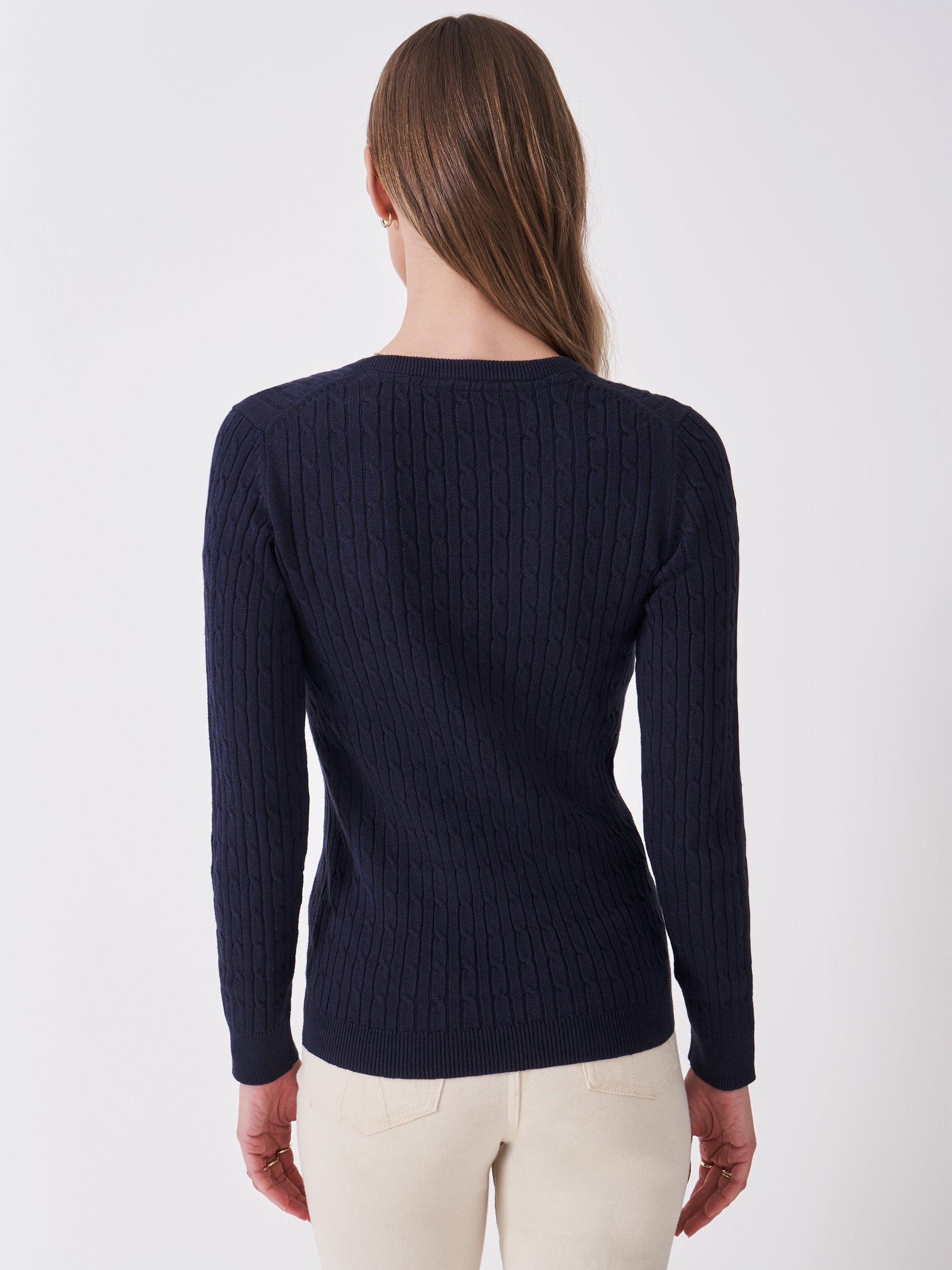 Product image 2 of 5, which shows Crew Clothing Cable Knit V-Neck Jumper, Navy, 10