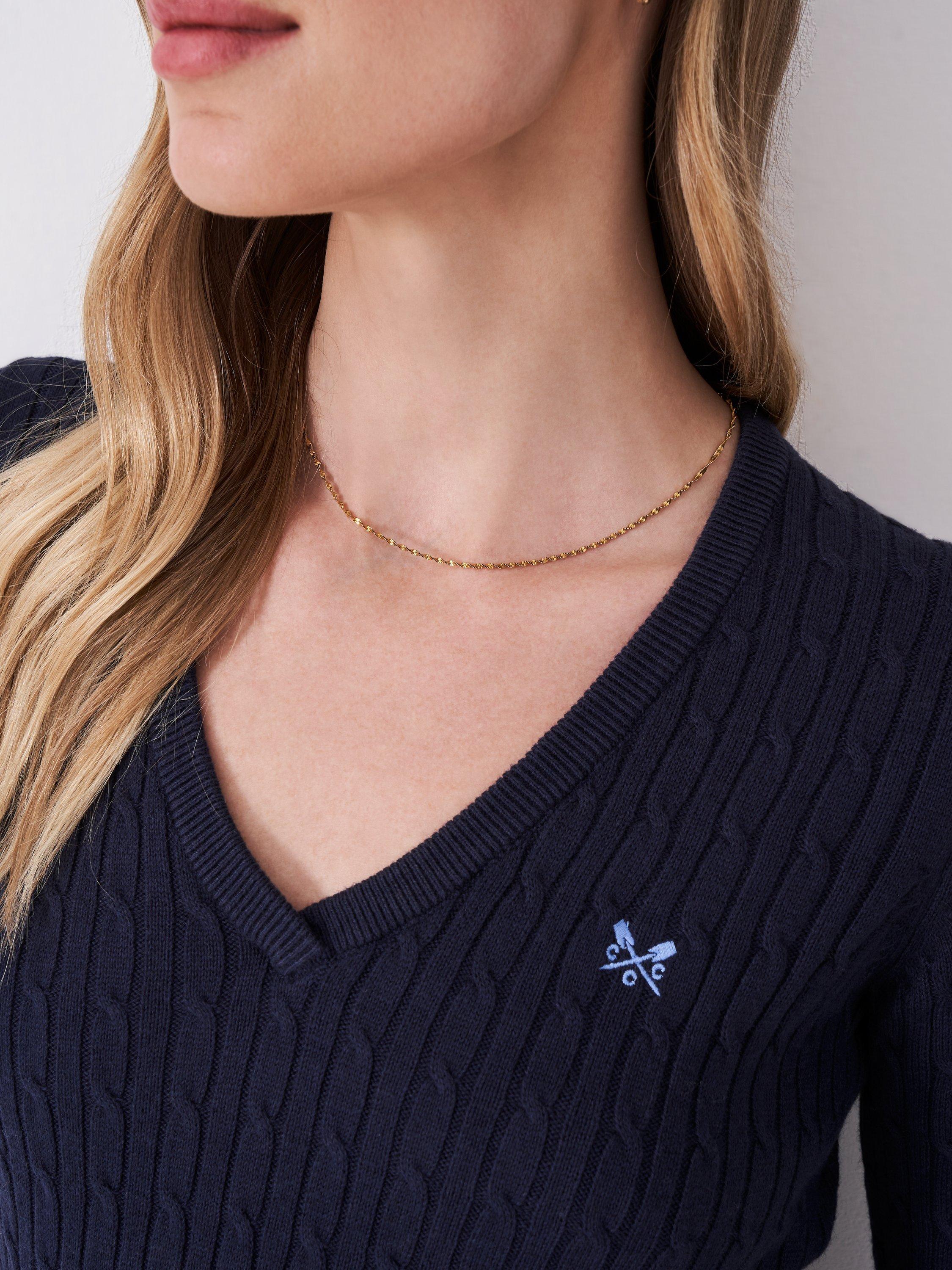 Product image 4 of 5, which shows Crew Clothing Cable Knit V-Neck Jumper, Navy, 10