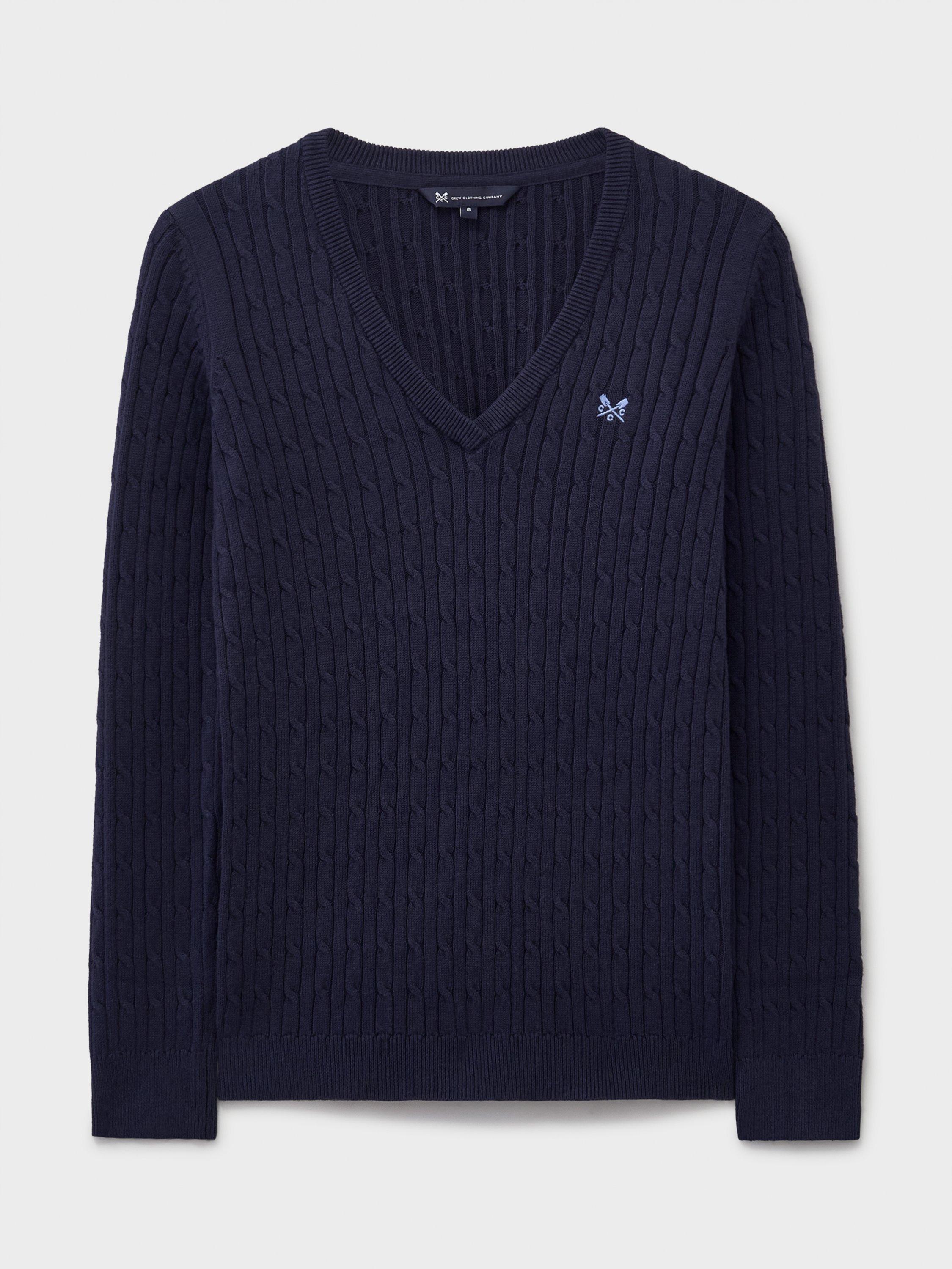 Product image 5 of 5, which shows Crew Clothing Cable Knit V-Neck Jumper, Navy, 10