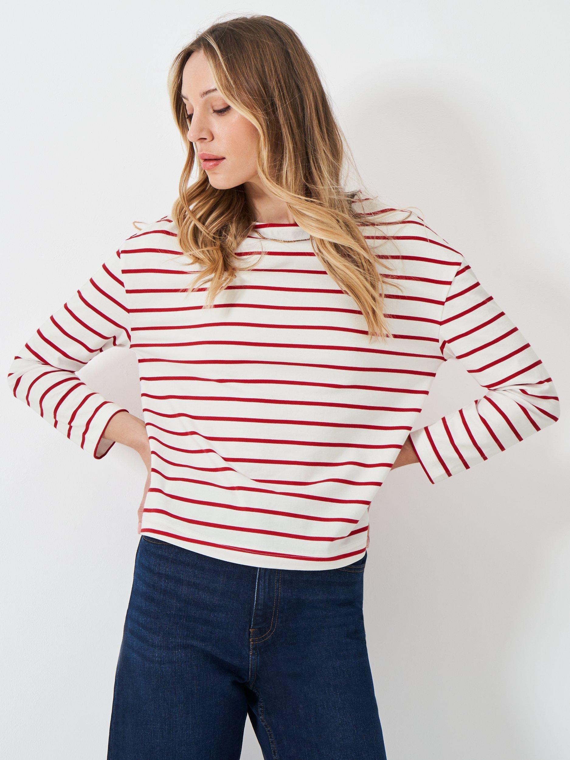 Product image 1 of 5, which shows Crew Clothing Long Sleeve Crew Neck Cotton Jersey Top, Multi Red, 10