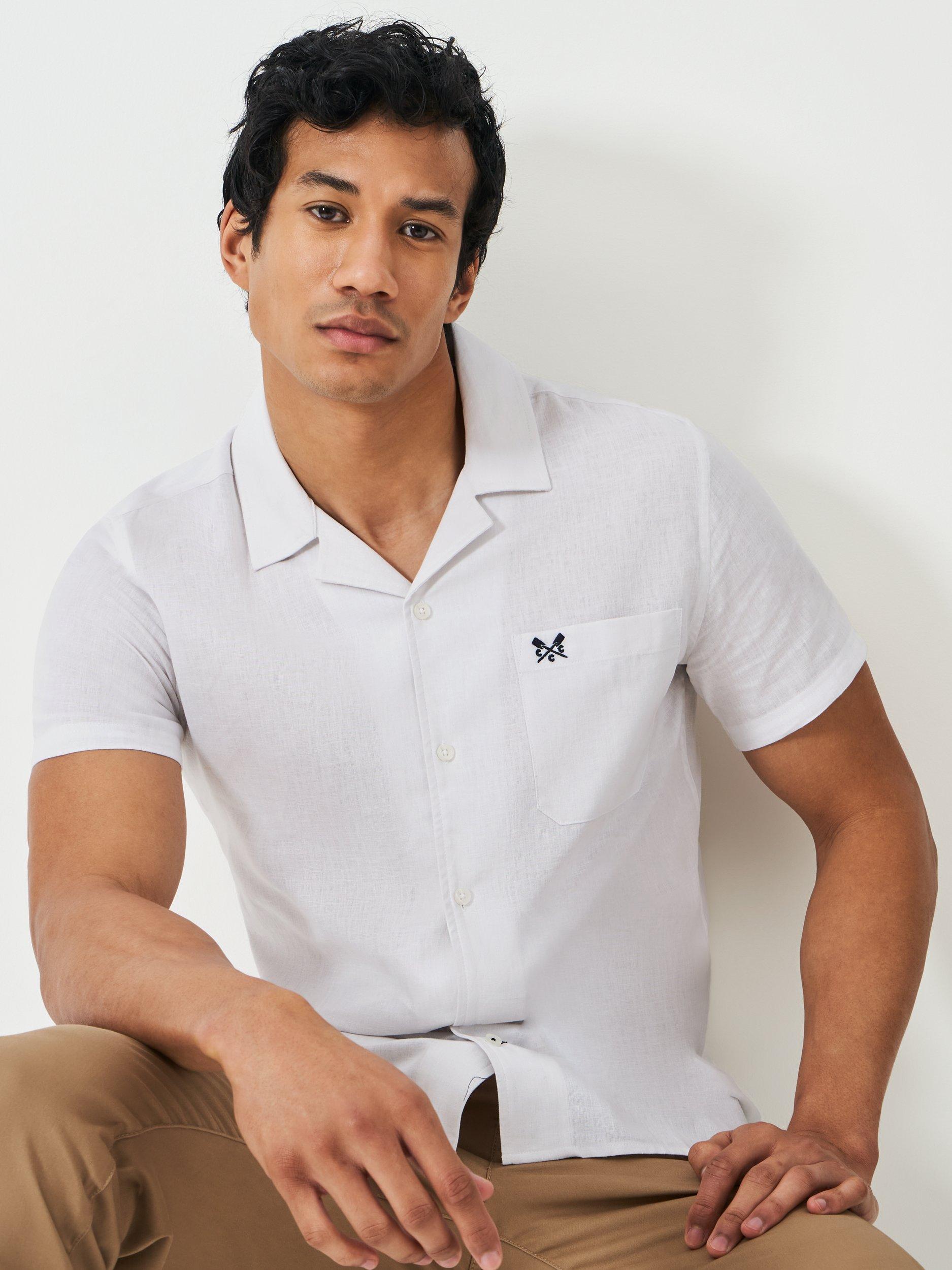 Product image 1 of 1, which shows Crew Clothing Linen Blend Regular Fit Revere Collar Shirt, White, L