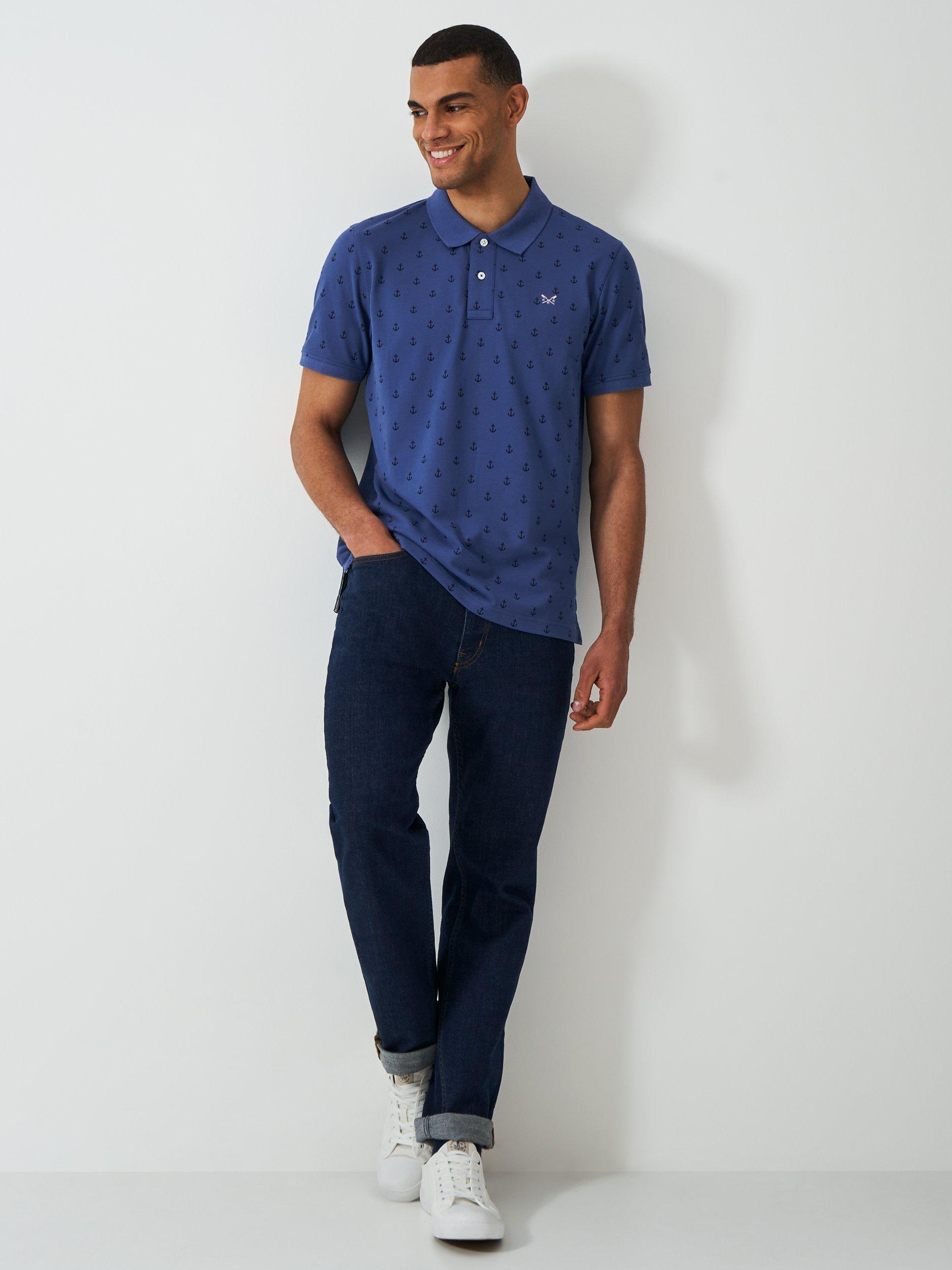 Product image 3 of 5, which shows Crew Clothing Cotton Regular Fit Short Sleeve Anchor Print Polo Shirt, Navy Blue, L