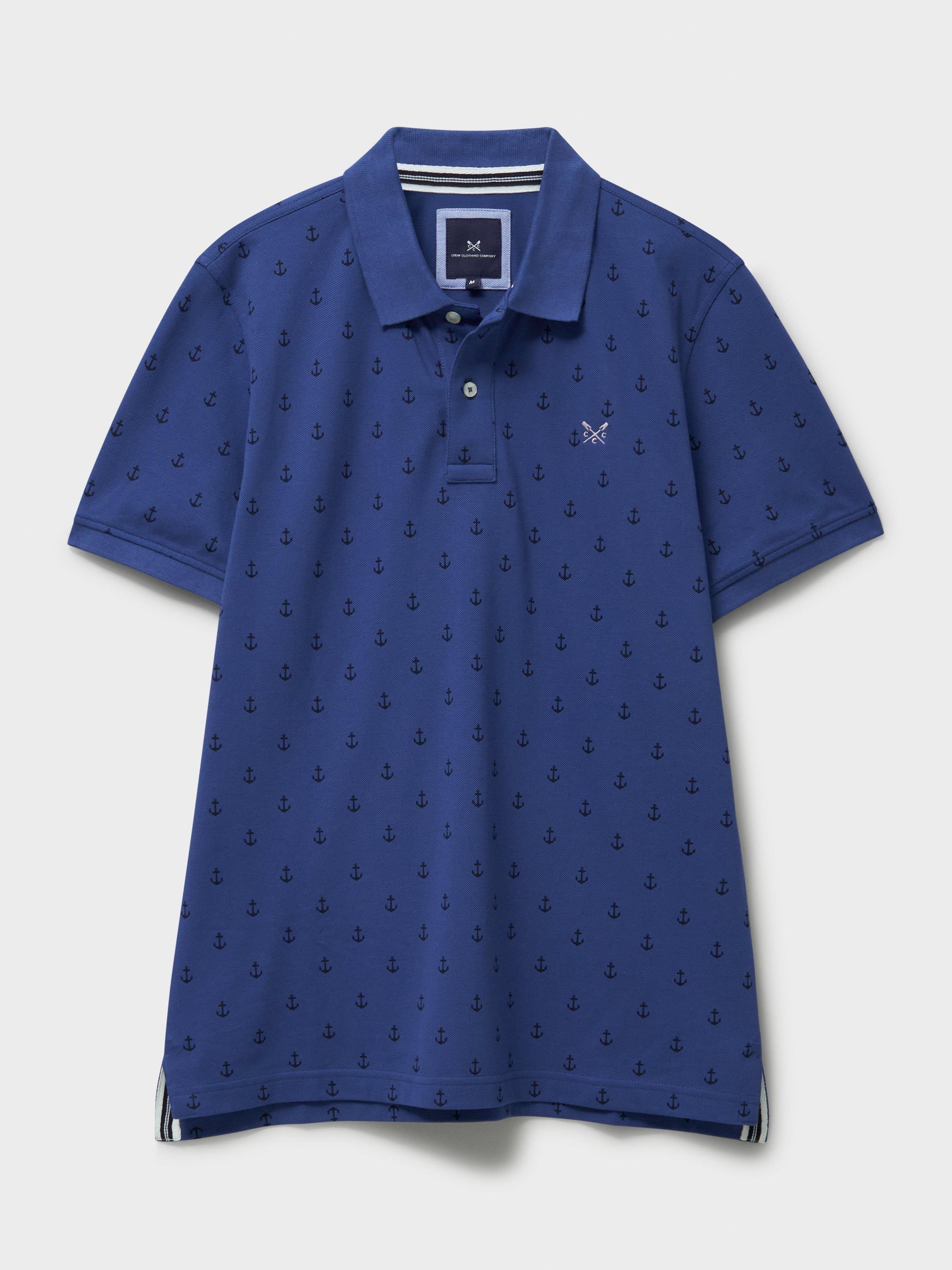 Product image 5 of 5, which shows Crew Clothing Cotton Regular Fit Short Sleeve Anchor Print Polo Shirt, Navy Blue, L
