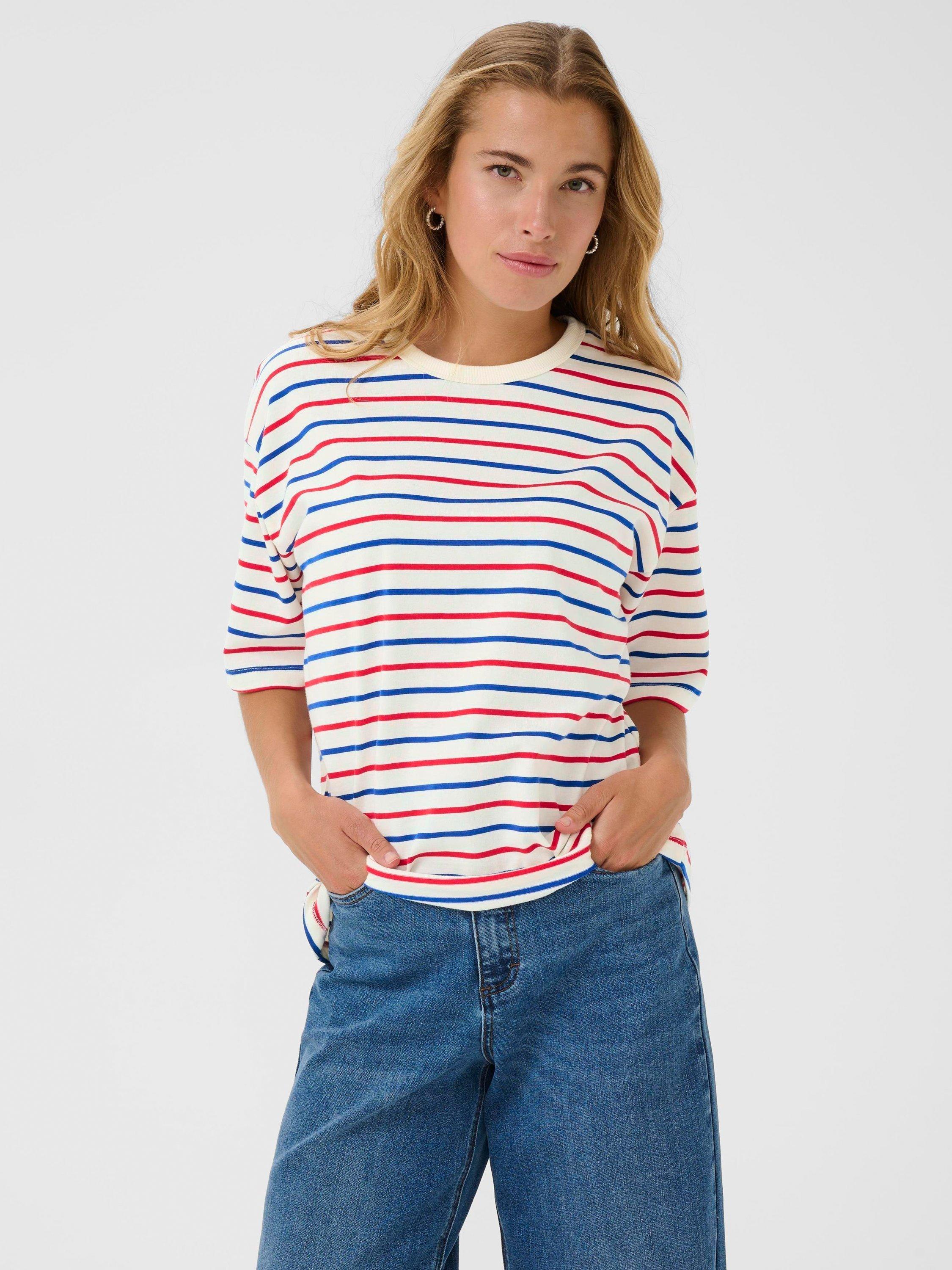 Product image 1 of 6, which shows KAFFE KAwinny Stripe Cotton T-Shirt, Blue/Multi, XS