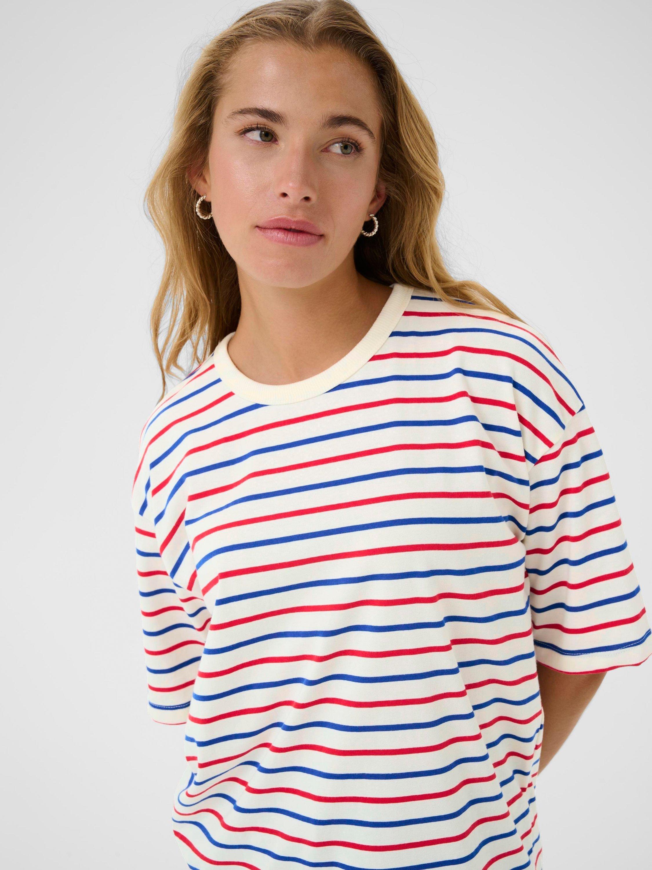 Product image 4 of 6, which shows KAFFE KAwinny Stripe Cotton T-Shirt, Blue/Multi, XS