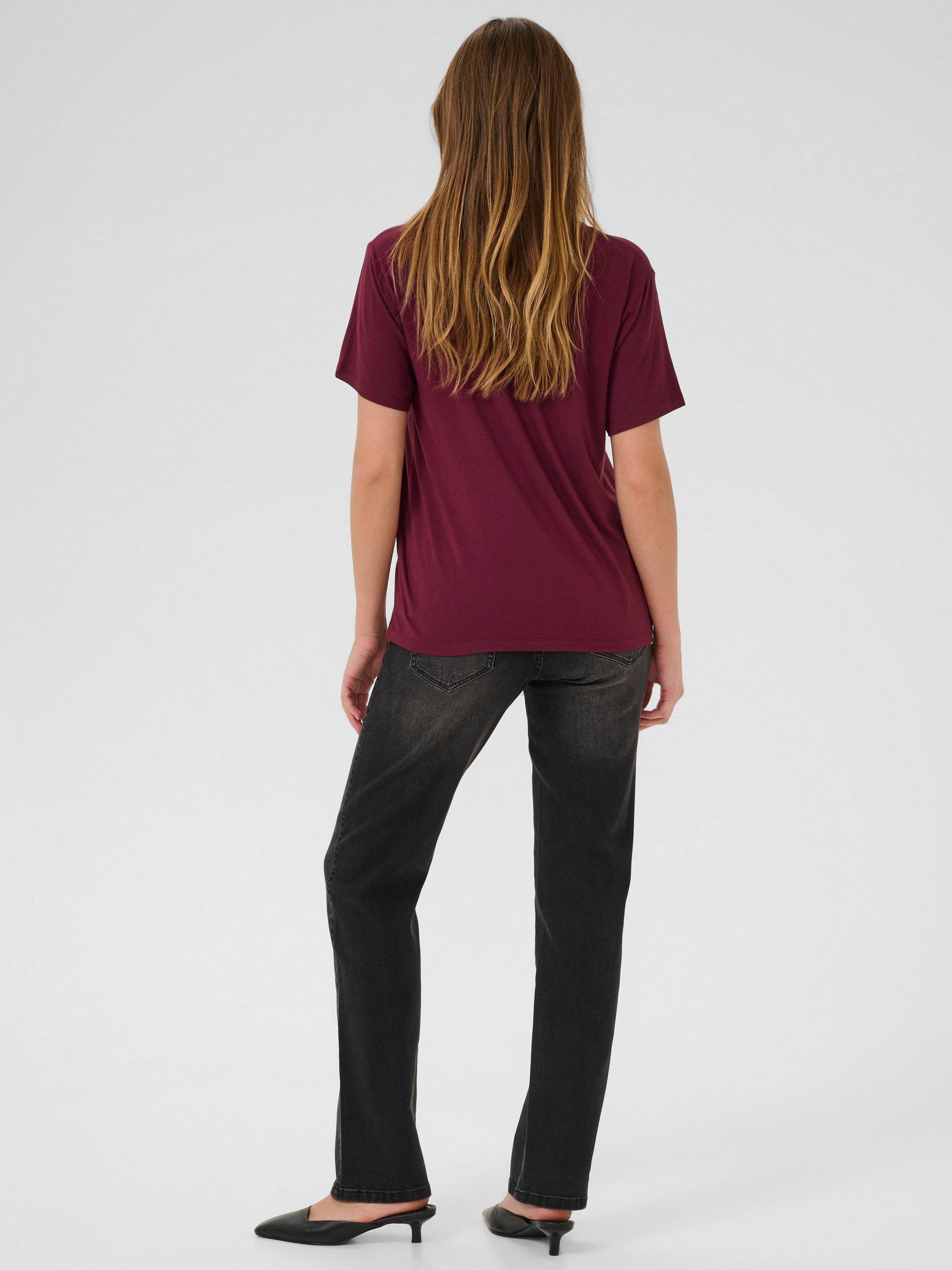 Product image 2 of 6, which shows KAFFE KAfrida V Neck Short Sleeve T-Shirt, Mid Red, XS