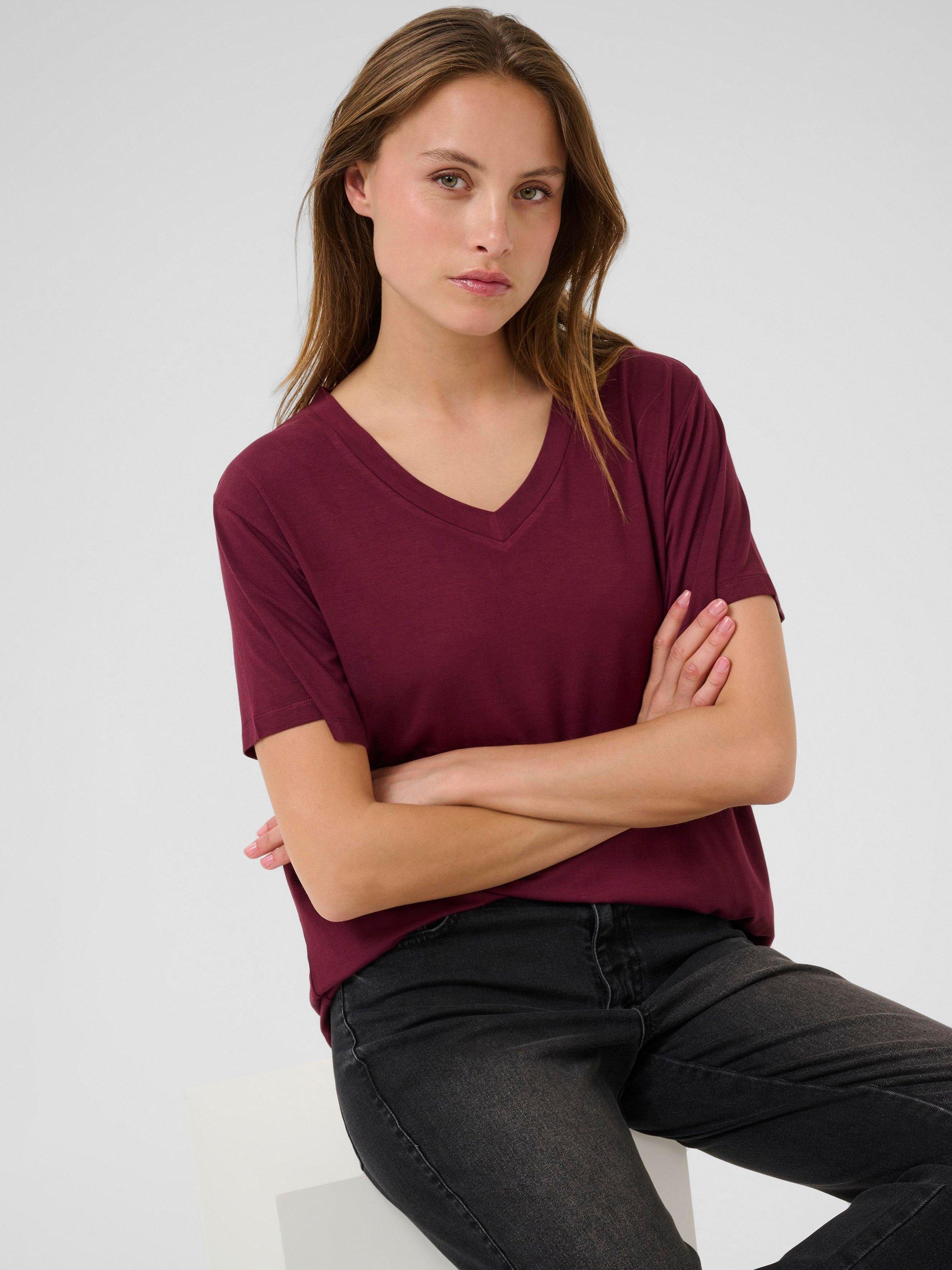 Product image 4 of 6, which shows KAFFE KAfrida V Neck Short Sleeve T-Shirt, Mid Red, XS