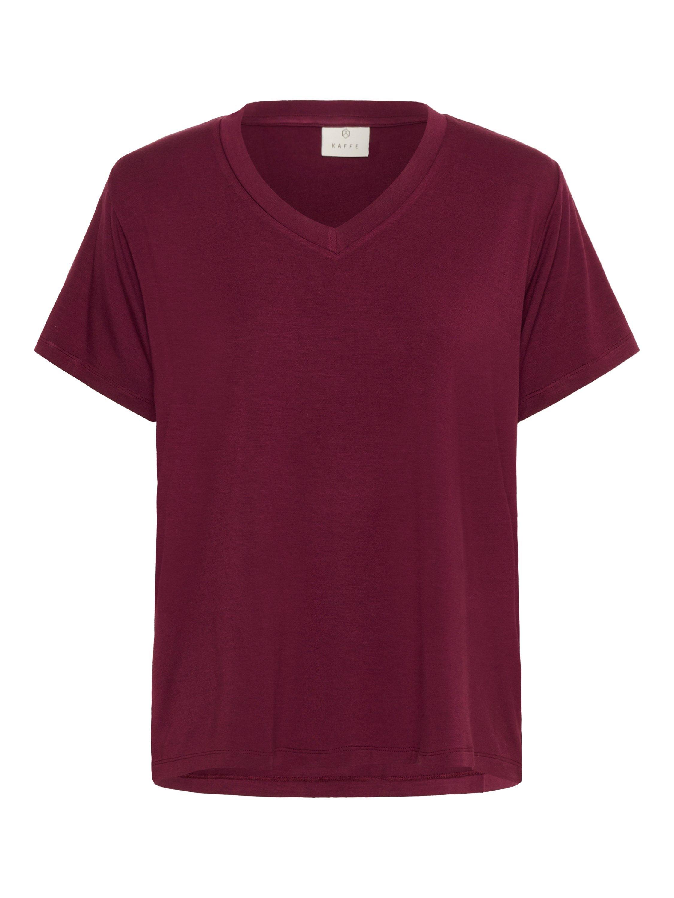 Product image 5 of 6, which shows KAFFE KAfrida V Neck Short Sleeve T-Shirt, Mid Red, XS