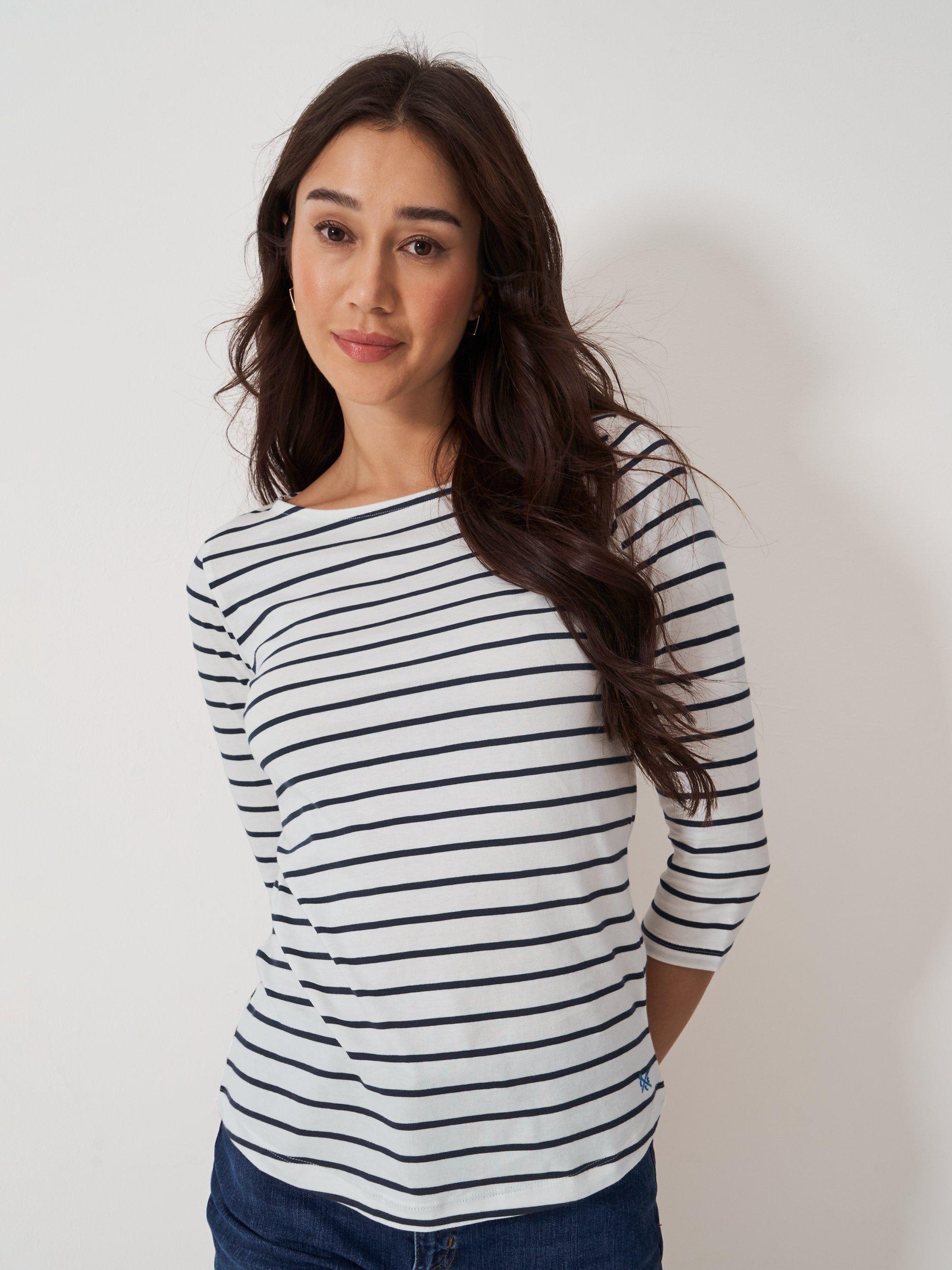 Product image 1 of 5, which shows Crew Clothing Essential Striped Cotton Jersey Top, White, 12