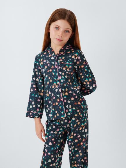 John Lewis Kids' Leopard Floral Satin Pyjamas, Multi - view 2, Multi