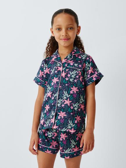John Lewis Kids' Poinsettia Print Satin Short Pyjamas, Multi