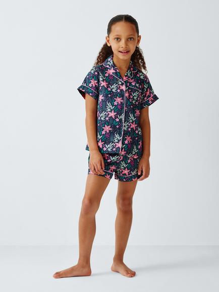John Lewis Kids' Poinsettia Print Satin Short Pyjamas - view 2, Multi