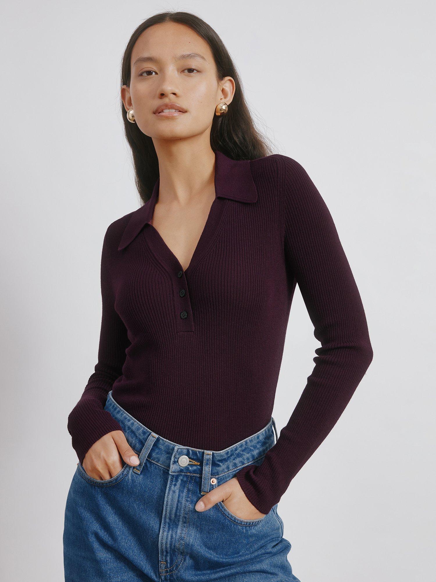 Product image 1 of 5, which shows Albaray Ribbed V-Neck Button Top, Burgundy, 10