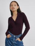 Albaray Ribbed V-Neck Button Top, Burgundy
