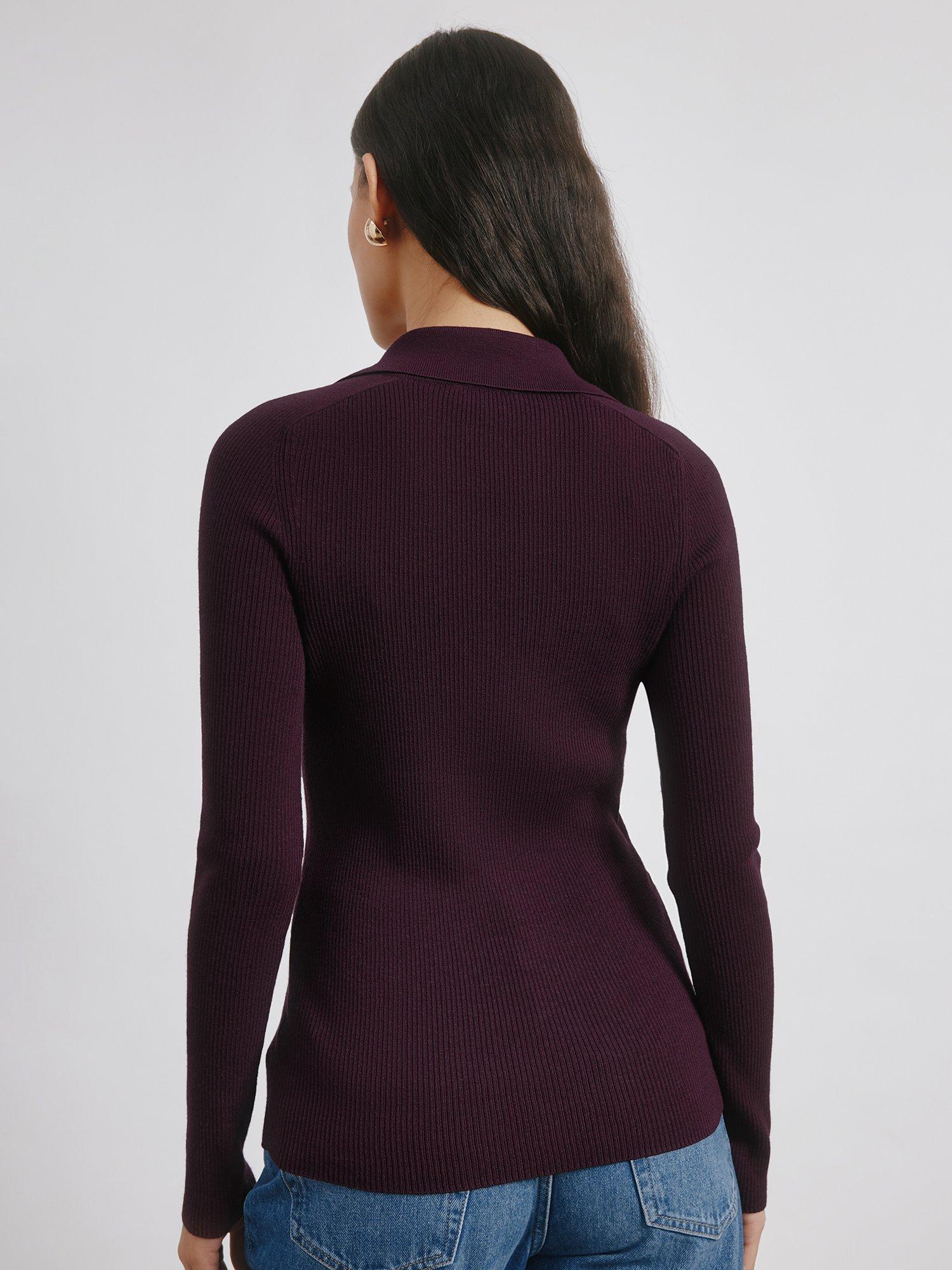 Product image 2 of 5, which shows Albaray Ribbed V-Neck Button Top, Burgundy, 10