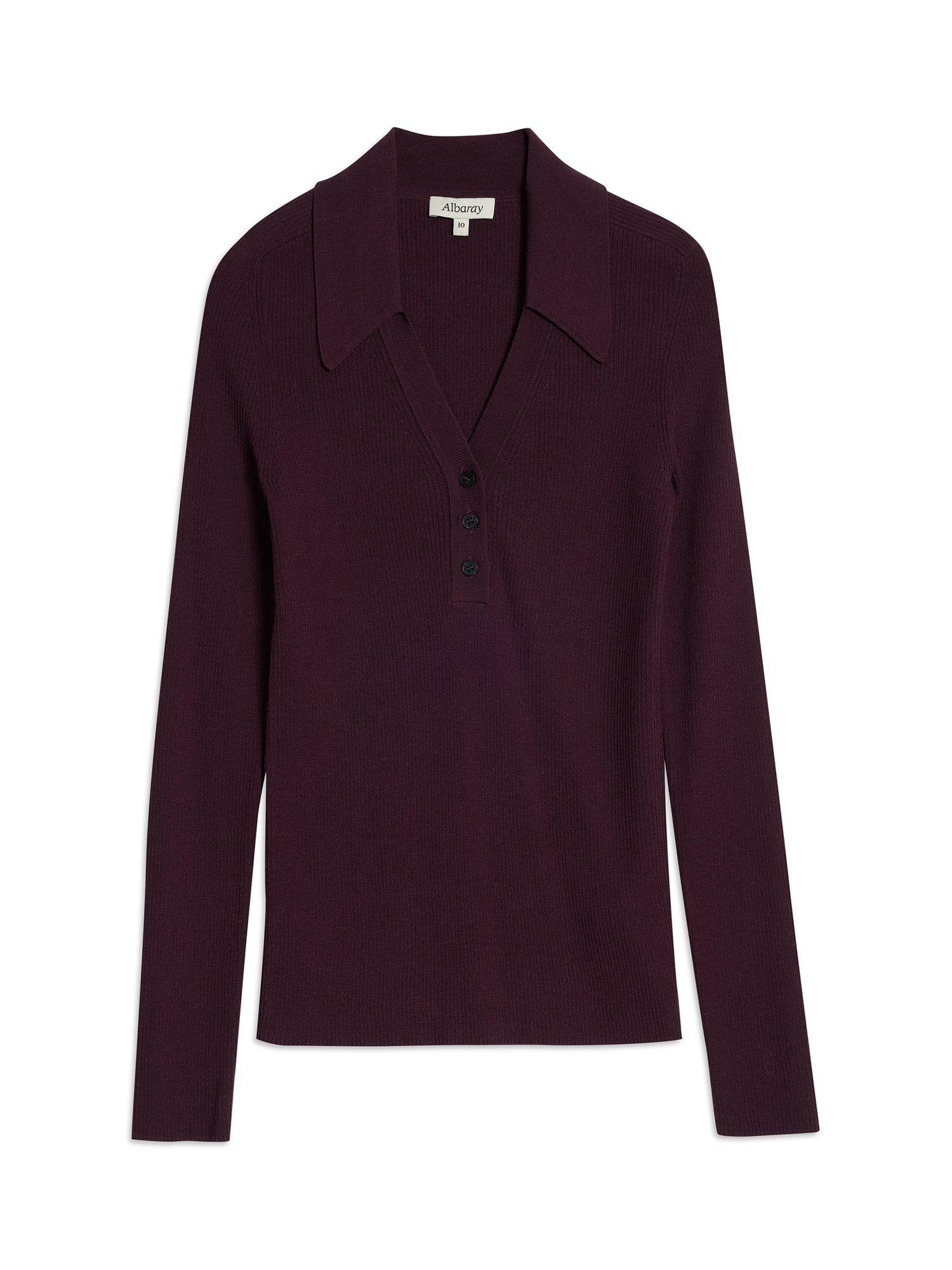 Product image 5 of 5, which shows Albaray Ribbed V-Neck Button Top, Burgundy, 10