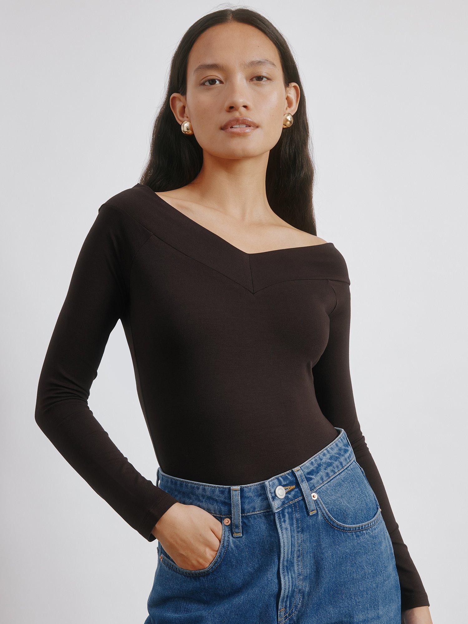 Product image 1 of 5, which shows Albaray V Bardot Top, Chocolate, 8