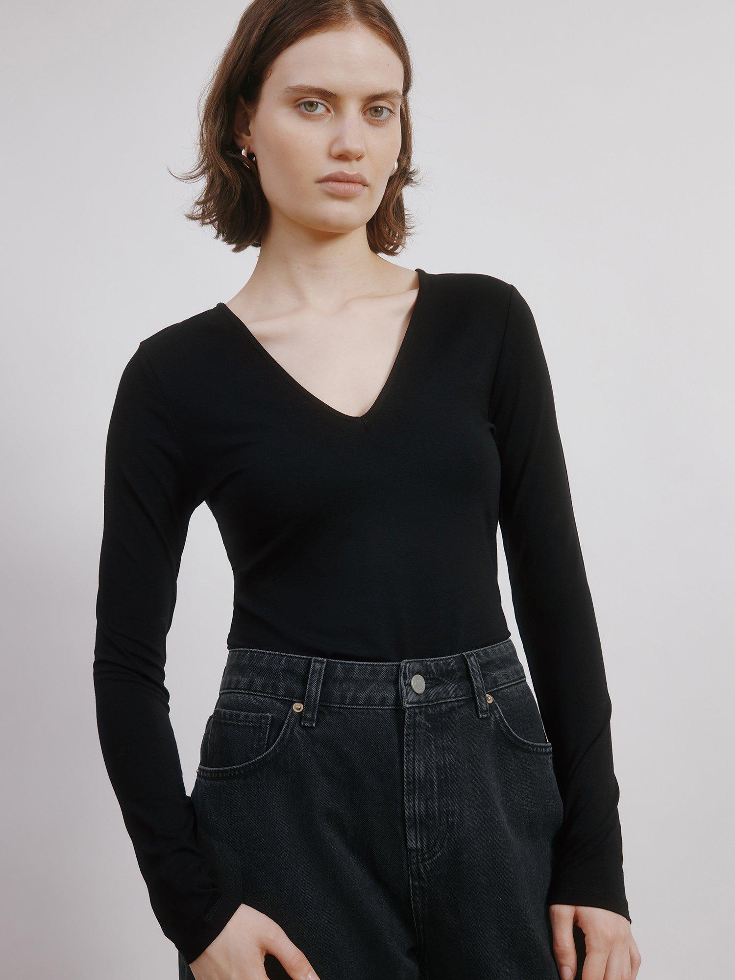 Product image 1 of 5, which shows Albaray Deep V-Neck Jersey Top, Black, 8