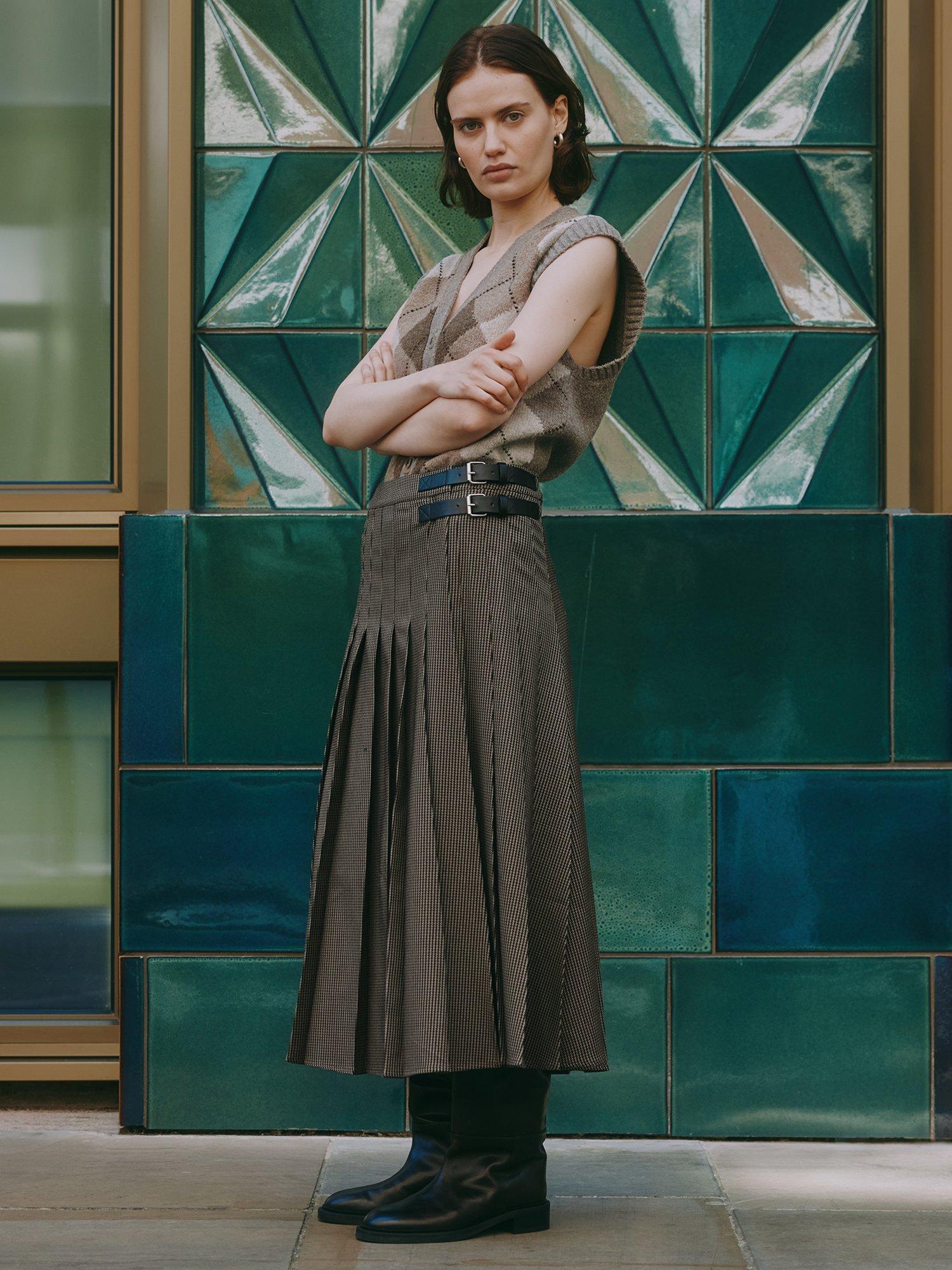 Albaray Pleated Houndstooth Midi Skirt, Brown