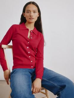 Albaray Knit Long Sleeve Polo Top, Red, Red