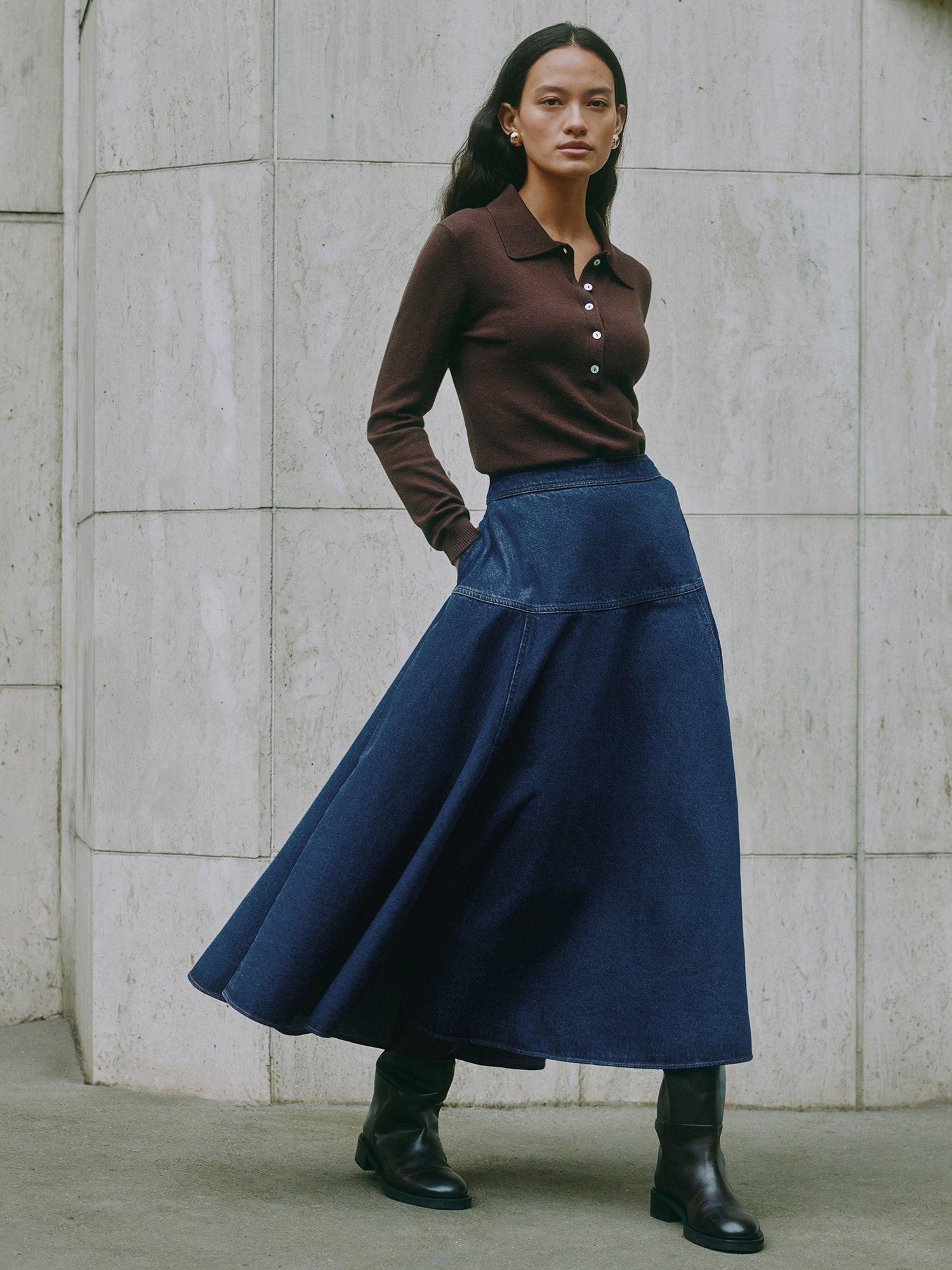 Product image 1 of 6, which shows Albaray Basque Denim Midi Skirt, Blue, 8
