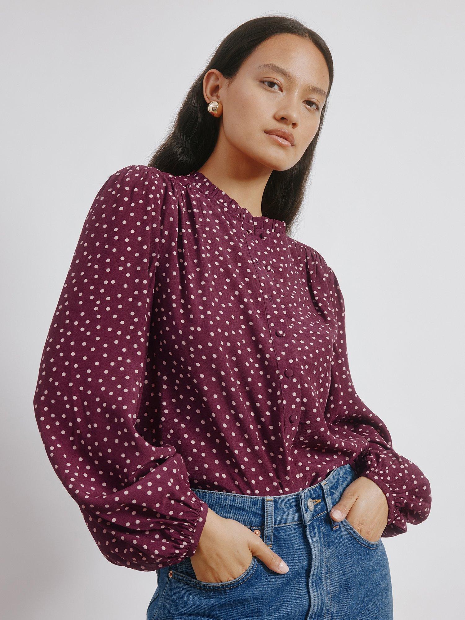 Product image 1 of 5, which shows Albaray Spot Blouson Sleeve Top, Burgundy, 8