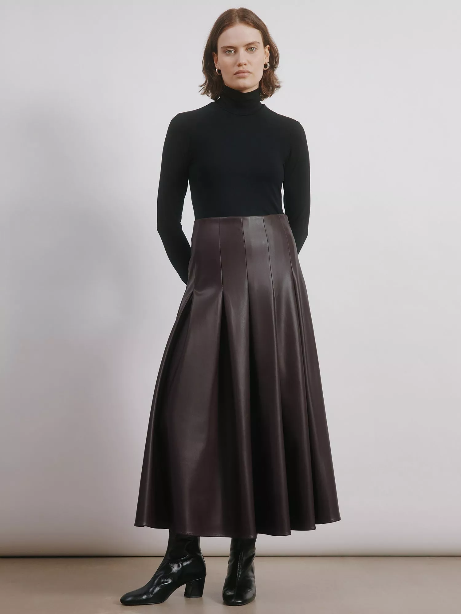Albaray Pleated Faux Leather Midi Skirt, Chocolate