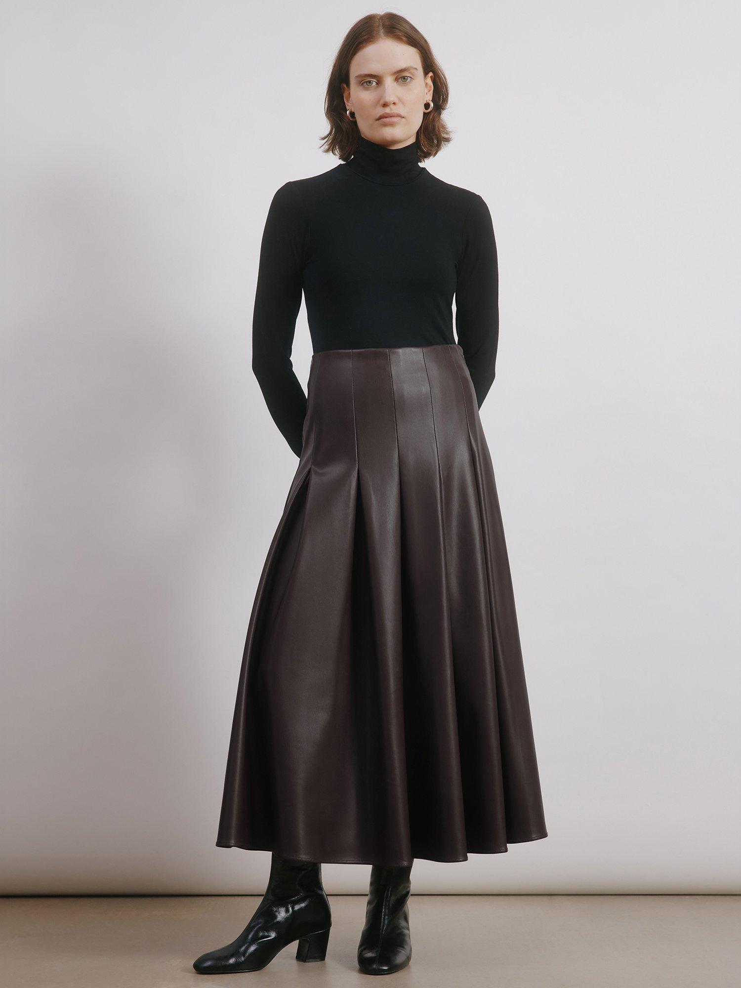 Albaray Pleated Faux Leather Midi Skirt, Chocolate