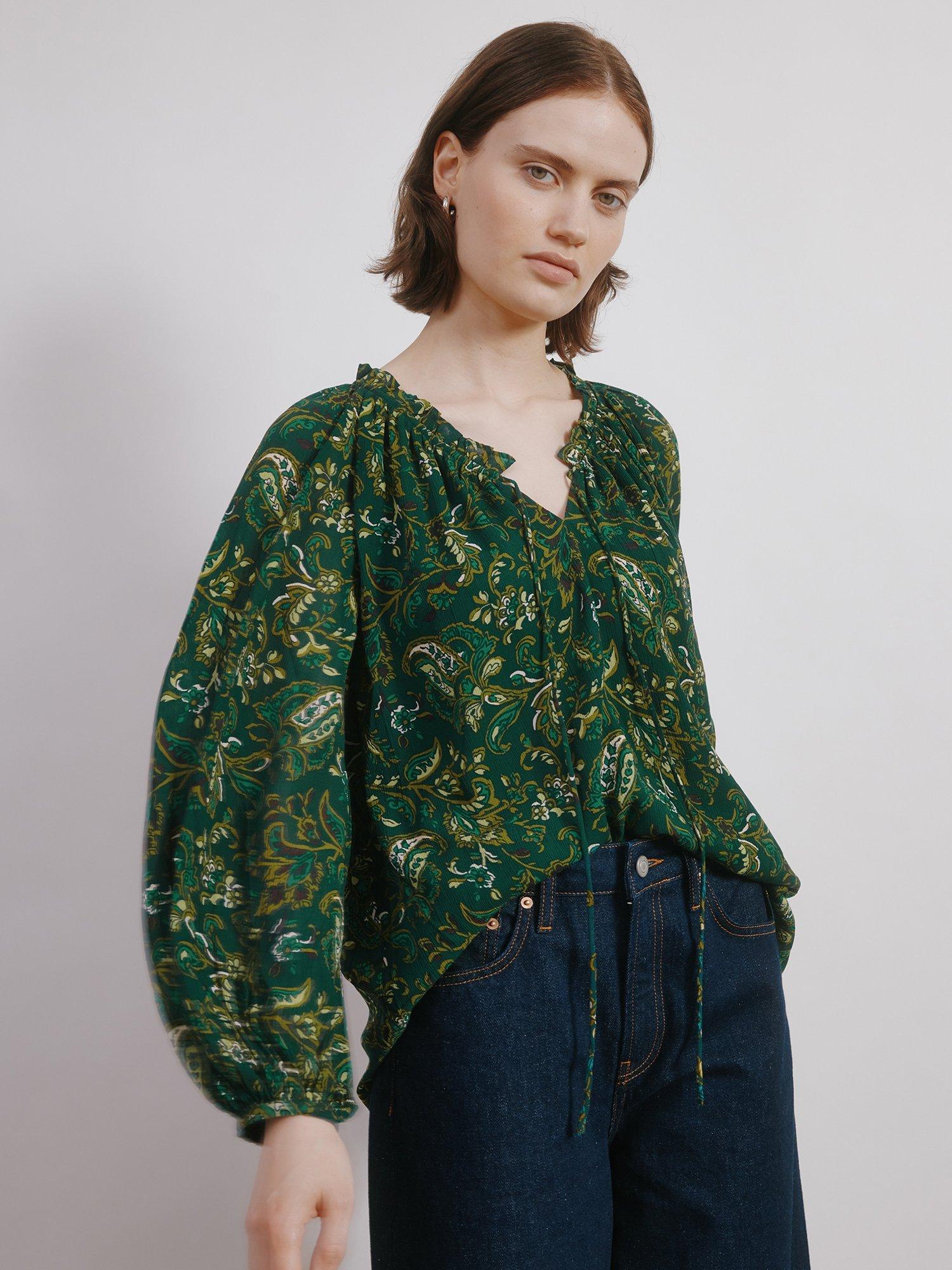 Product image 1 of 5, which shows Albaray Paisley Blouson Sleeve Top, Green, 8