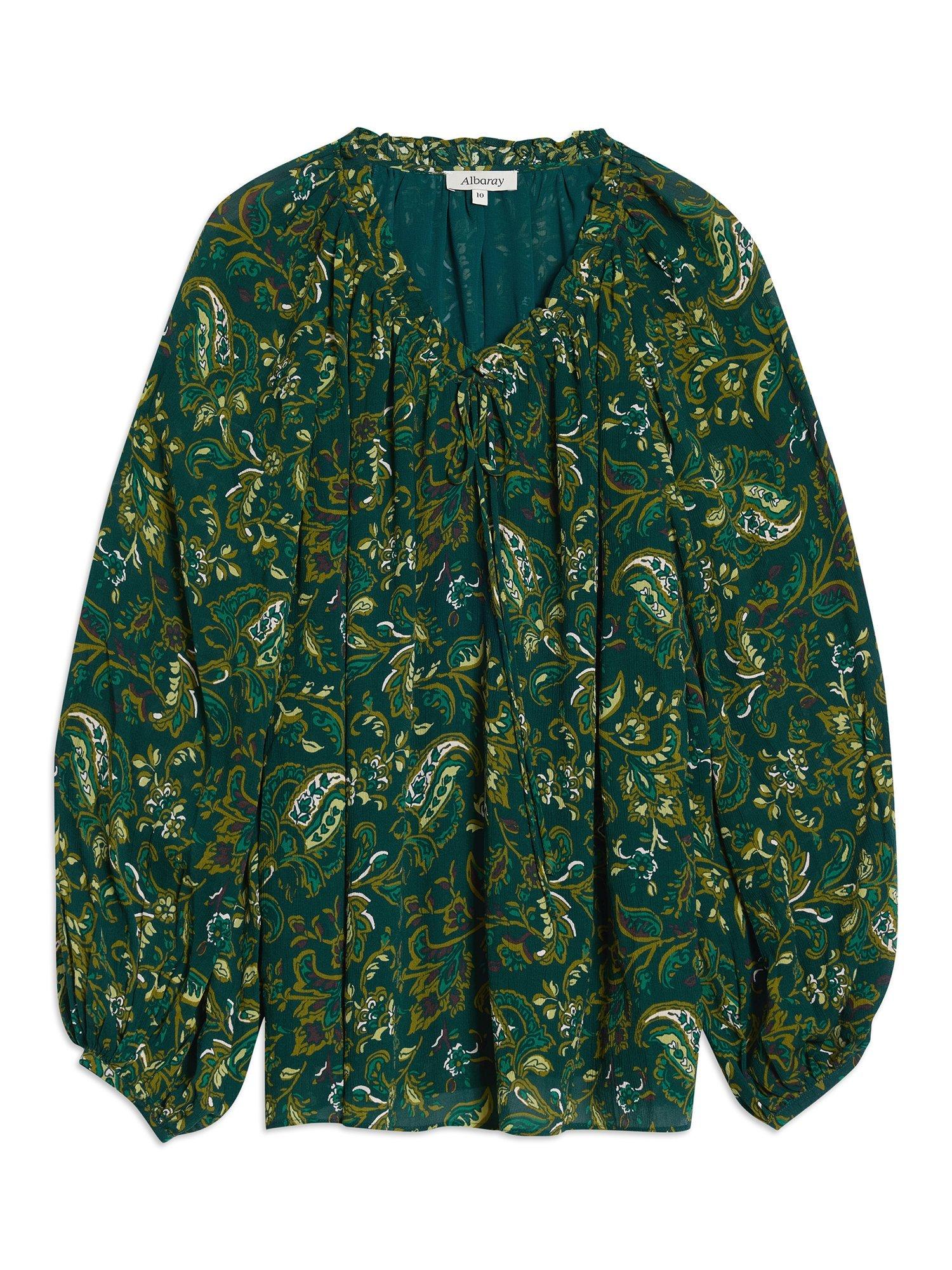 Product image 5 of 5, which shows Albaray Paisley Blouson Sleeve Top, Green, 8
