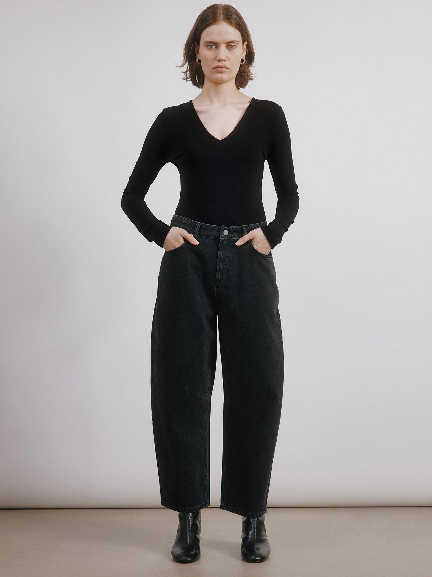Product image 1 of 5, which shows Albaray Mid Rise Barrel Leg Jeans, Black, 8