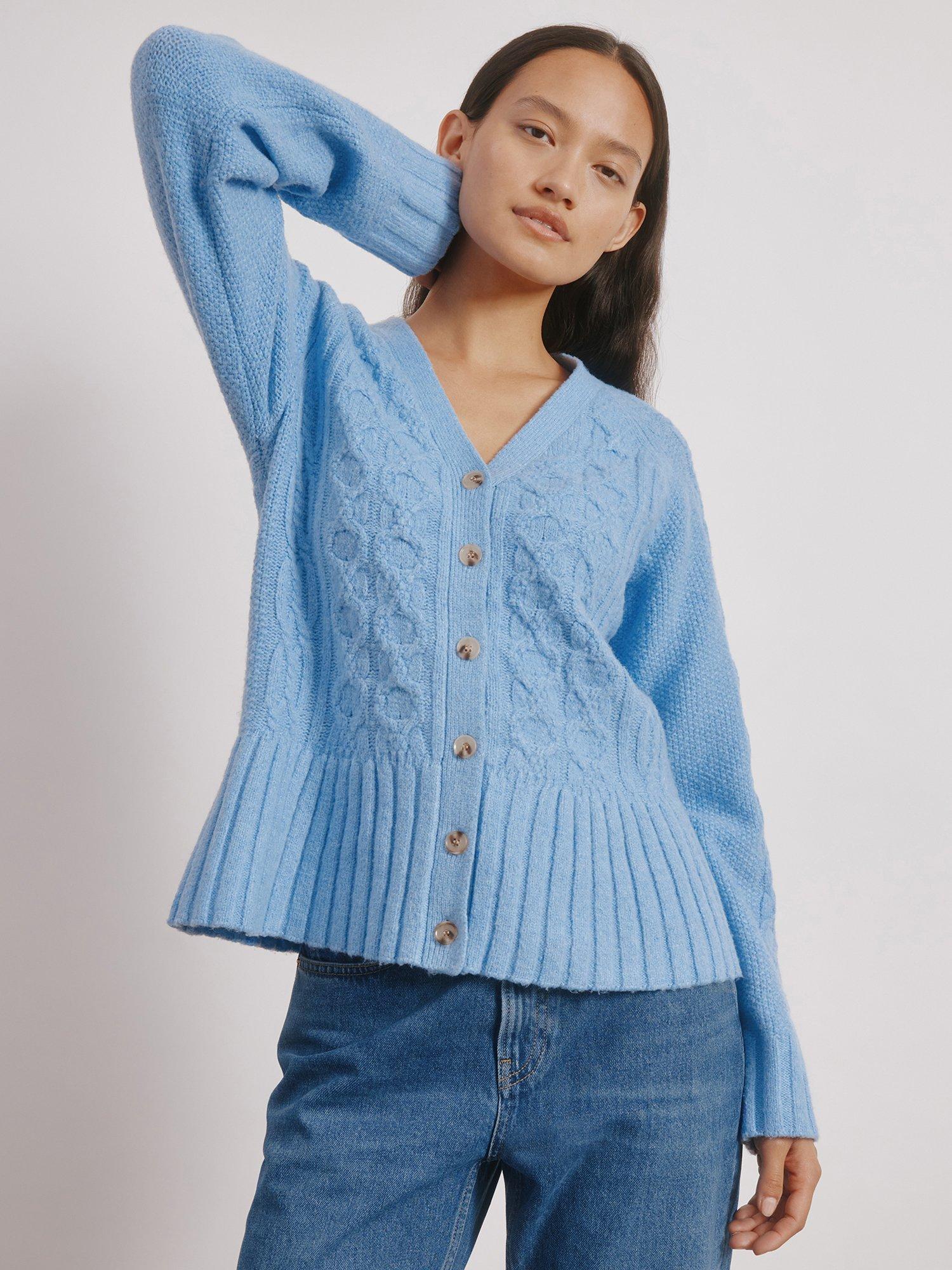 Product image 1 of 5, which shows Albaray Cable Knit Peplum Hem Cardigan, Blue, 8