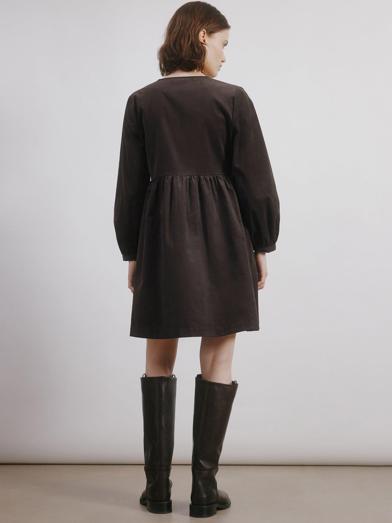 V-Neck Corduroy Mini Dress, Chocolate