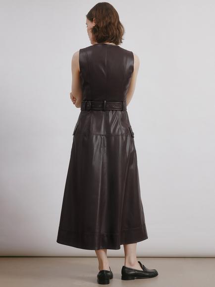 Albaray Belted Faux Leather Midi Dress, Chocolate - view 2, Chocolate
