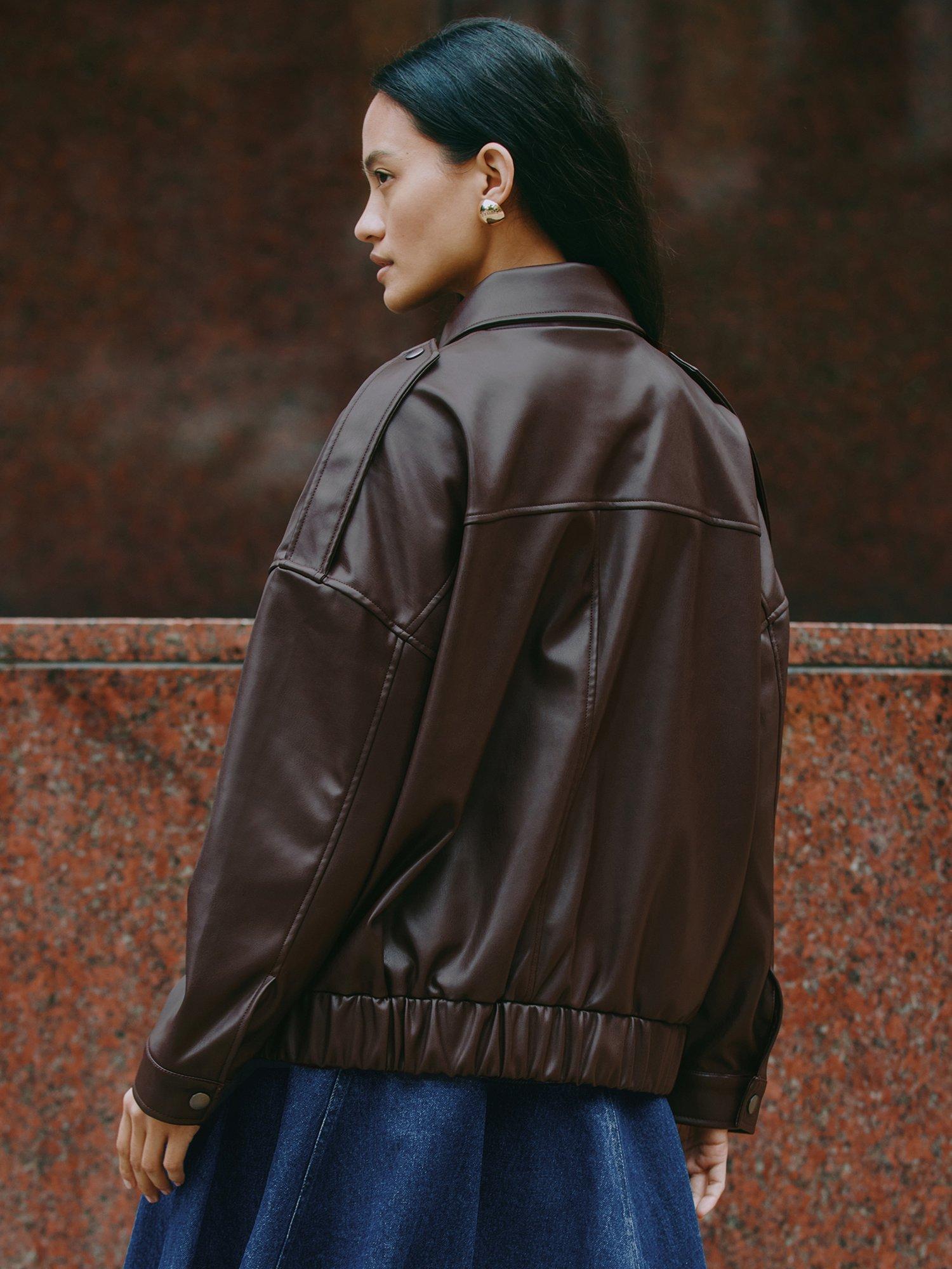 Product image 2 of 7, which shows Albaray Faux Leather Bomber Jacket, Chocolate, 12