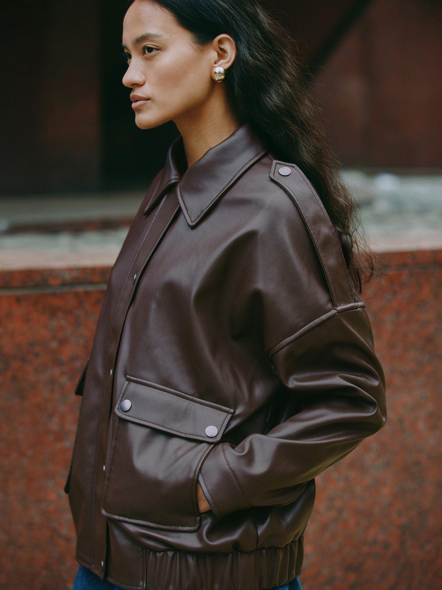 Product image 4 of 7, which shows Albaray Faux Leather Bomber Jacket, Chocolate, 12