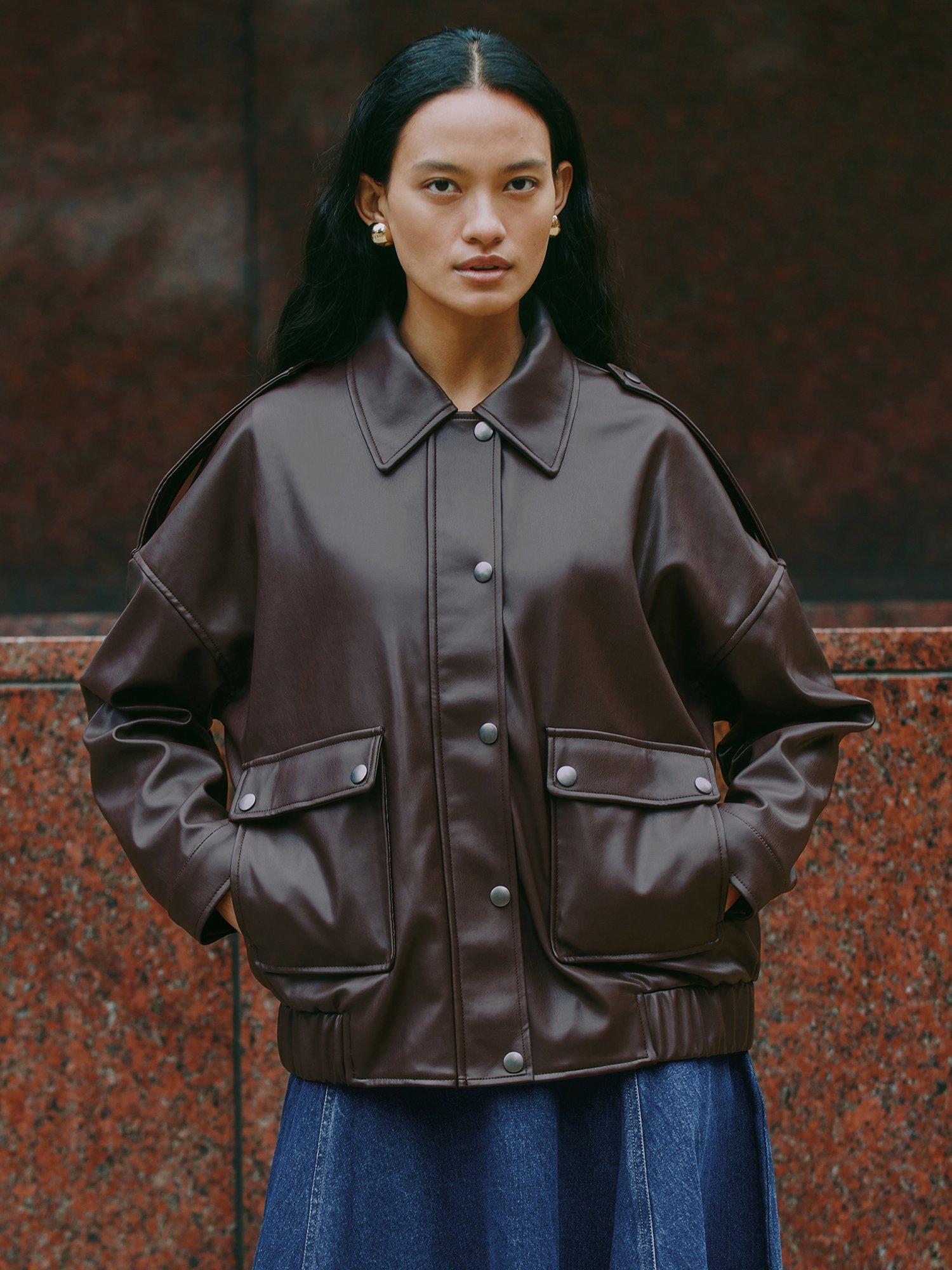 Product image 5 of 7, which shows Albaray Faux Leather Bomber Jacket, Chocolate, 12