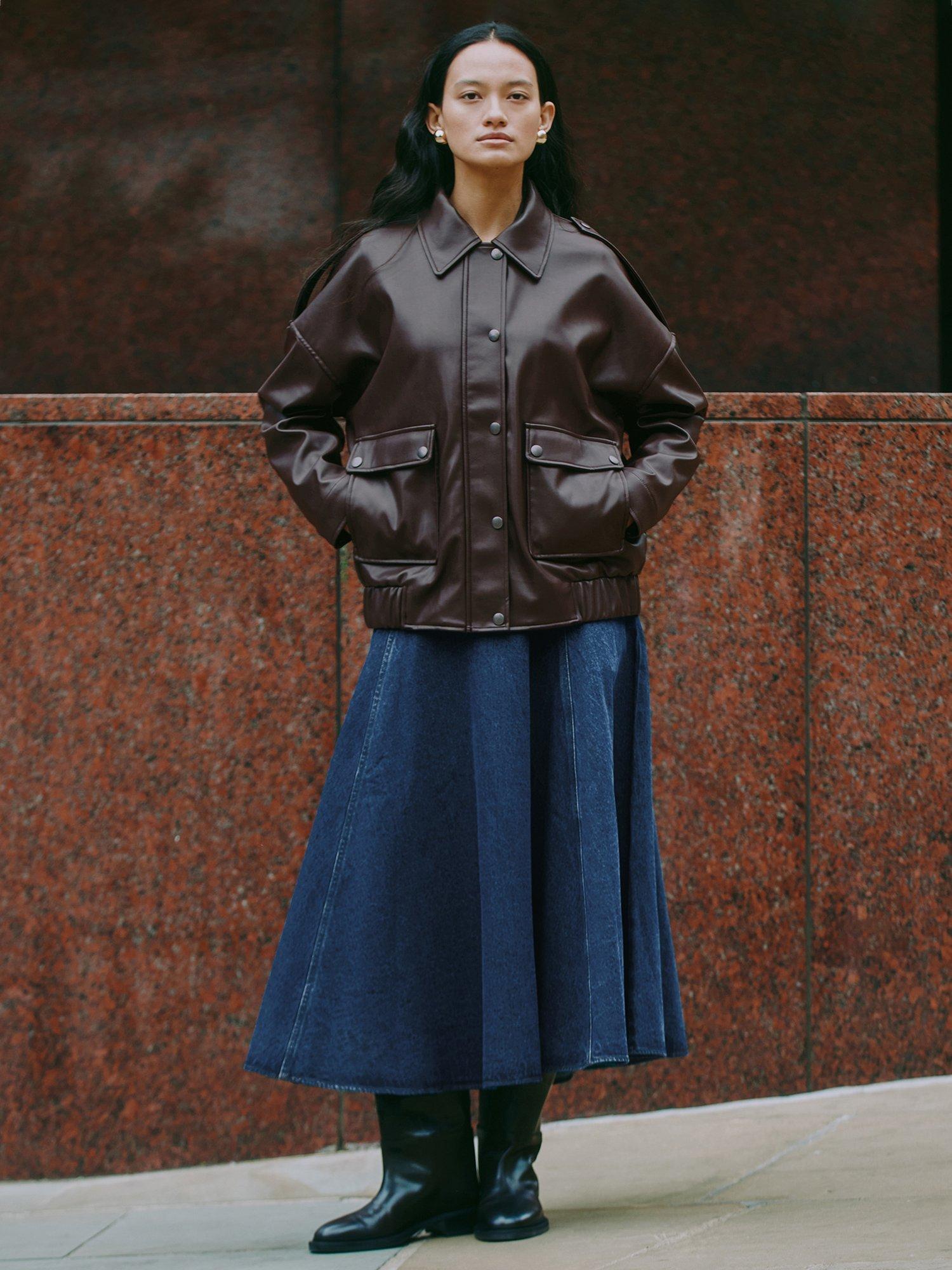 Product image 6 of 7, which shows Albaray Faux Leather Bomber Jacket, Chocolate, 12