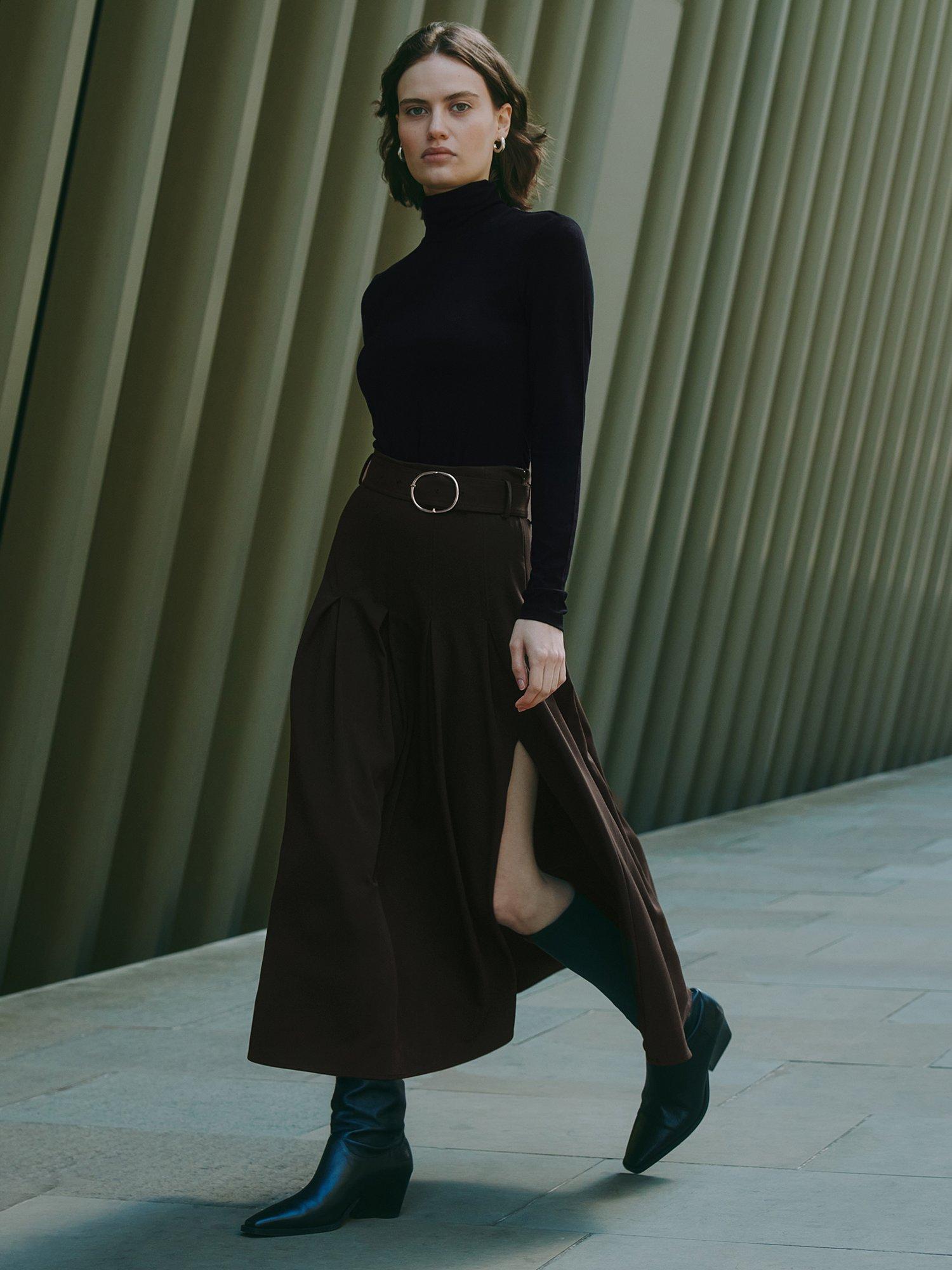 Product image 6 of 6, which shows Albaray Pleated Midi Skirt, Chocolate, 8