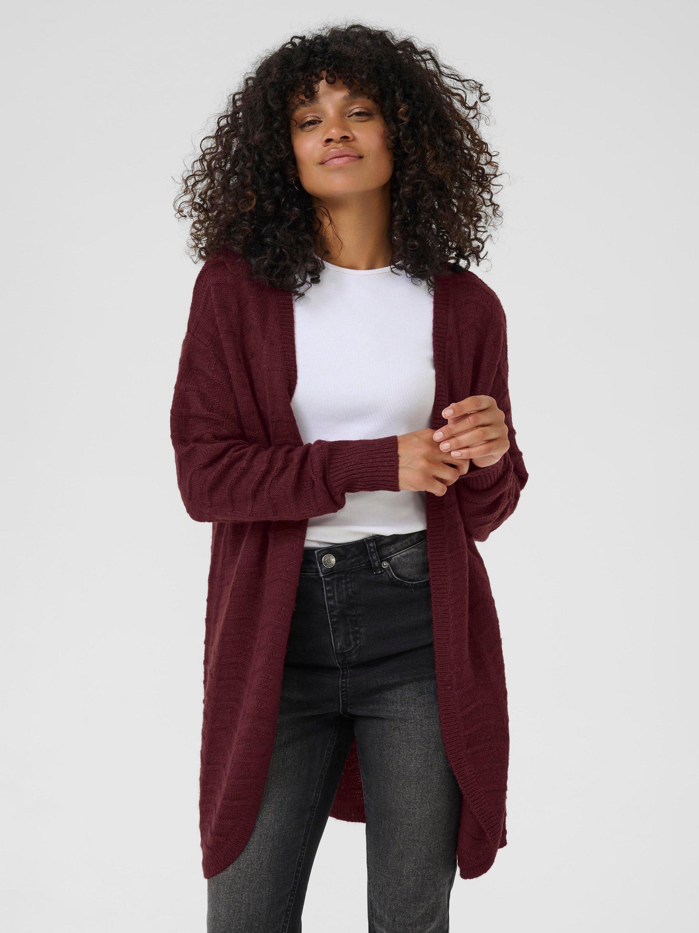 Product image 1 of 6, which shows KAFFE KAemria Open Neck Longline Cardigan, Mid Red, XS