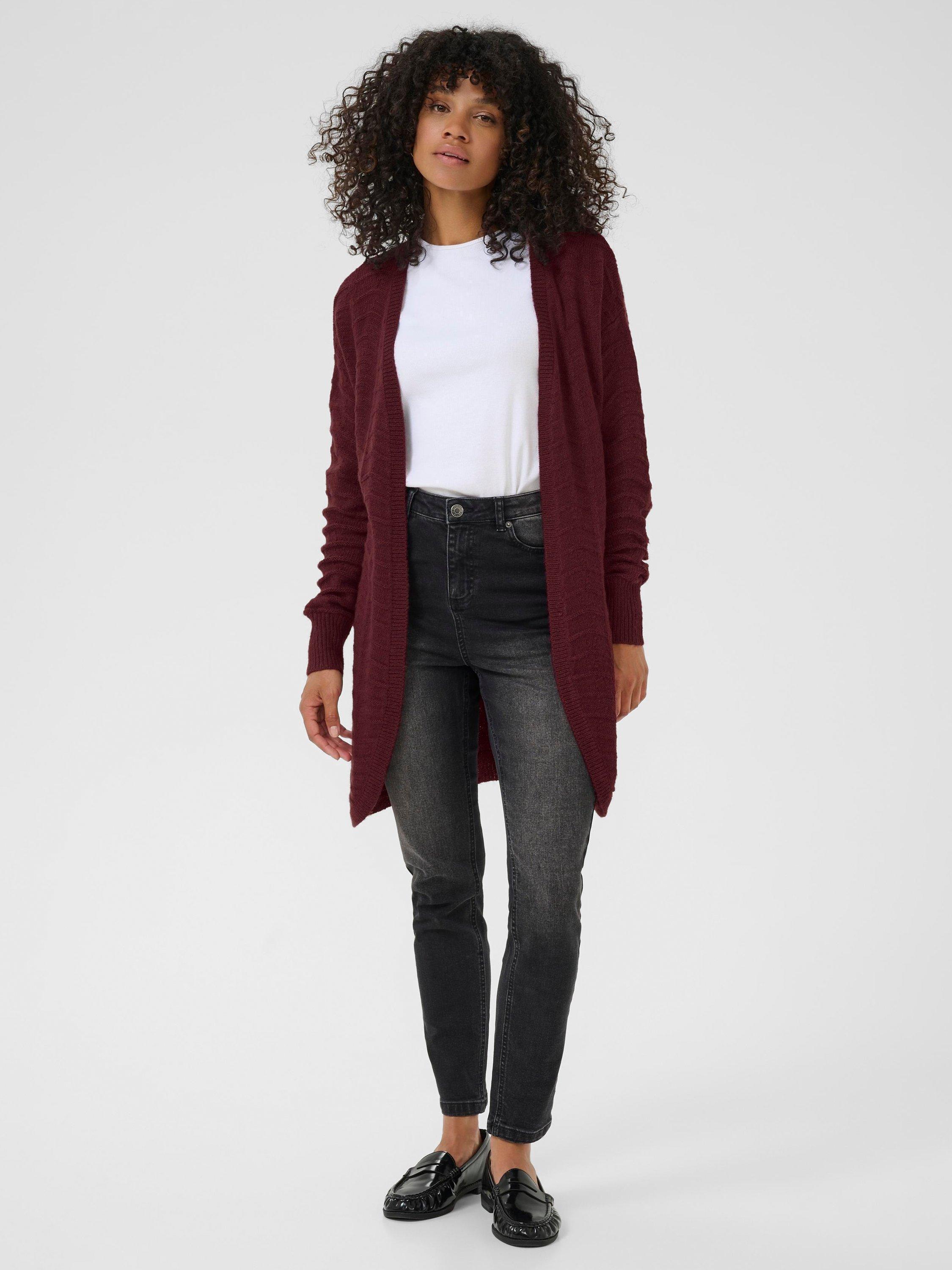 Product image 3 of 6, which shows KAFFE KAemria Open Neck Longline Cardigan, Mid Red, XS