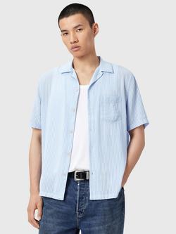 AllSaints Perry Viscose Blend Loose Fit Stripe Revere Collar Shirt, Blue Mid, Blue Mid