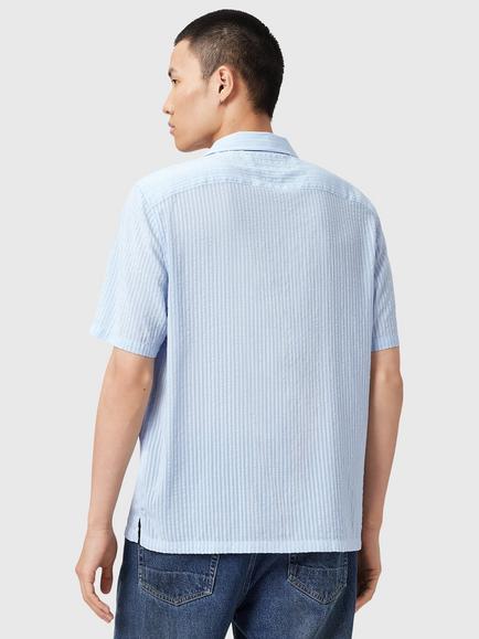 AllSaints Perry Viscose Blend Loose Fit Stripe Revere Collar Shirt, Blue Mid - view 2, Blue Mid