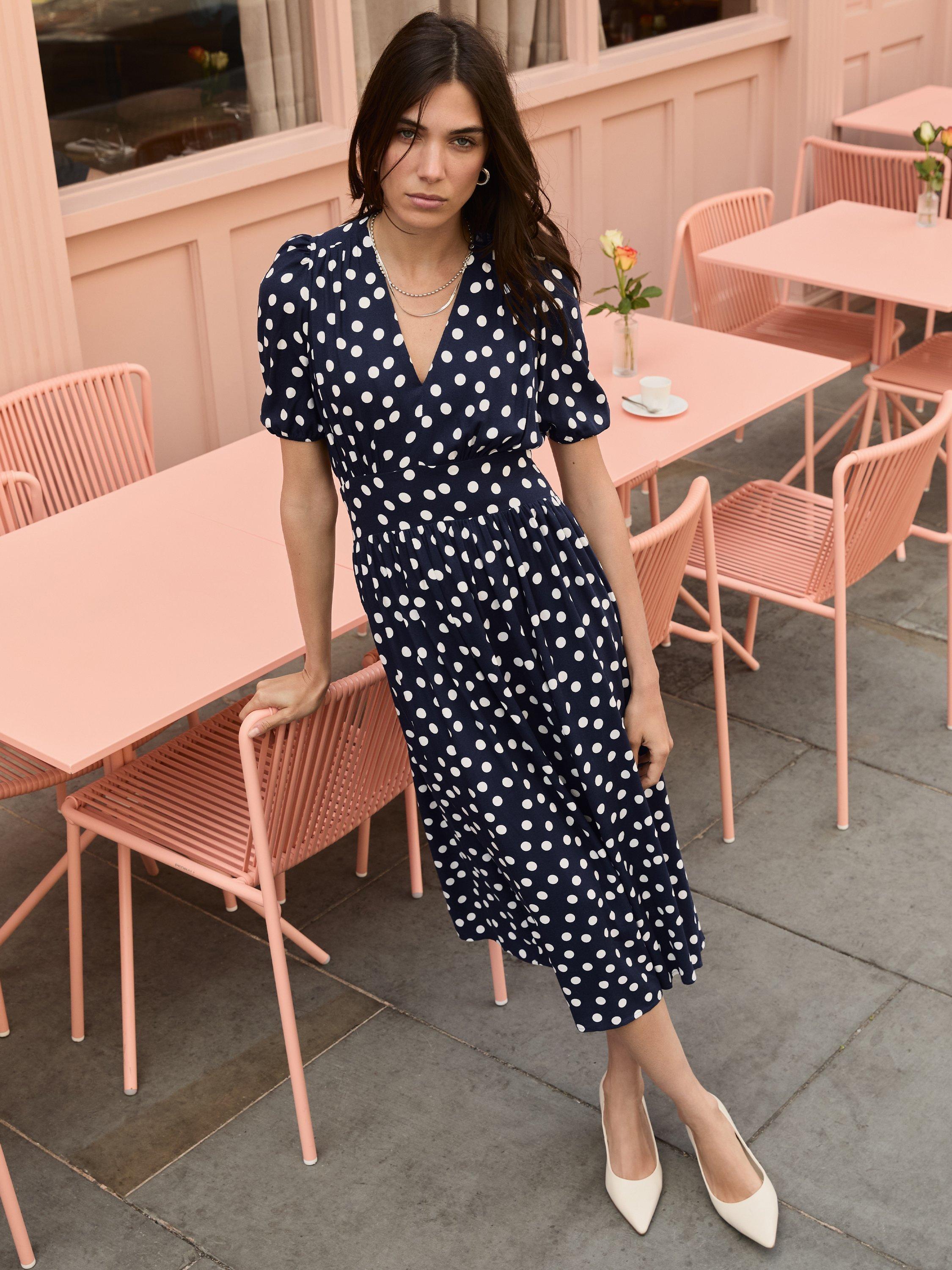 Product image 1 of 5, which shows Baukjen Lina Polka Dot Midi Dress, Navy/Multi, 10